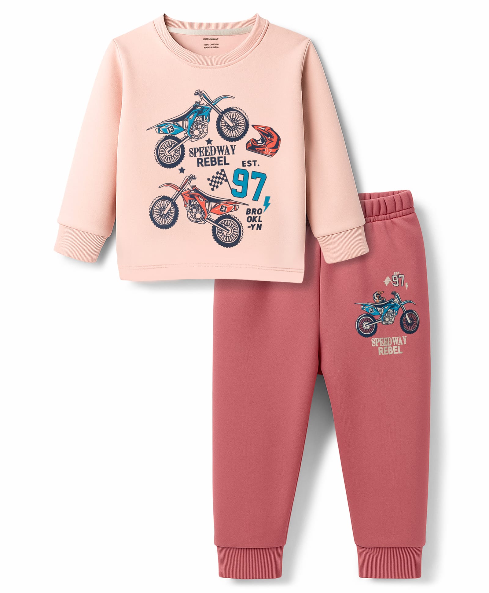 CUCUMBER Sinker Knit Full Sleeves Sweatshirt & Lounge Pant Set with Bike Print - Baby Pink-image-21