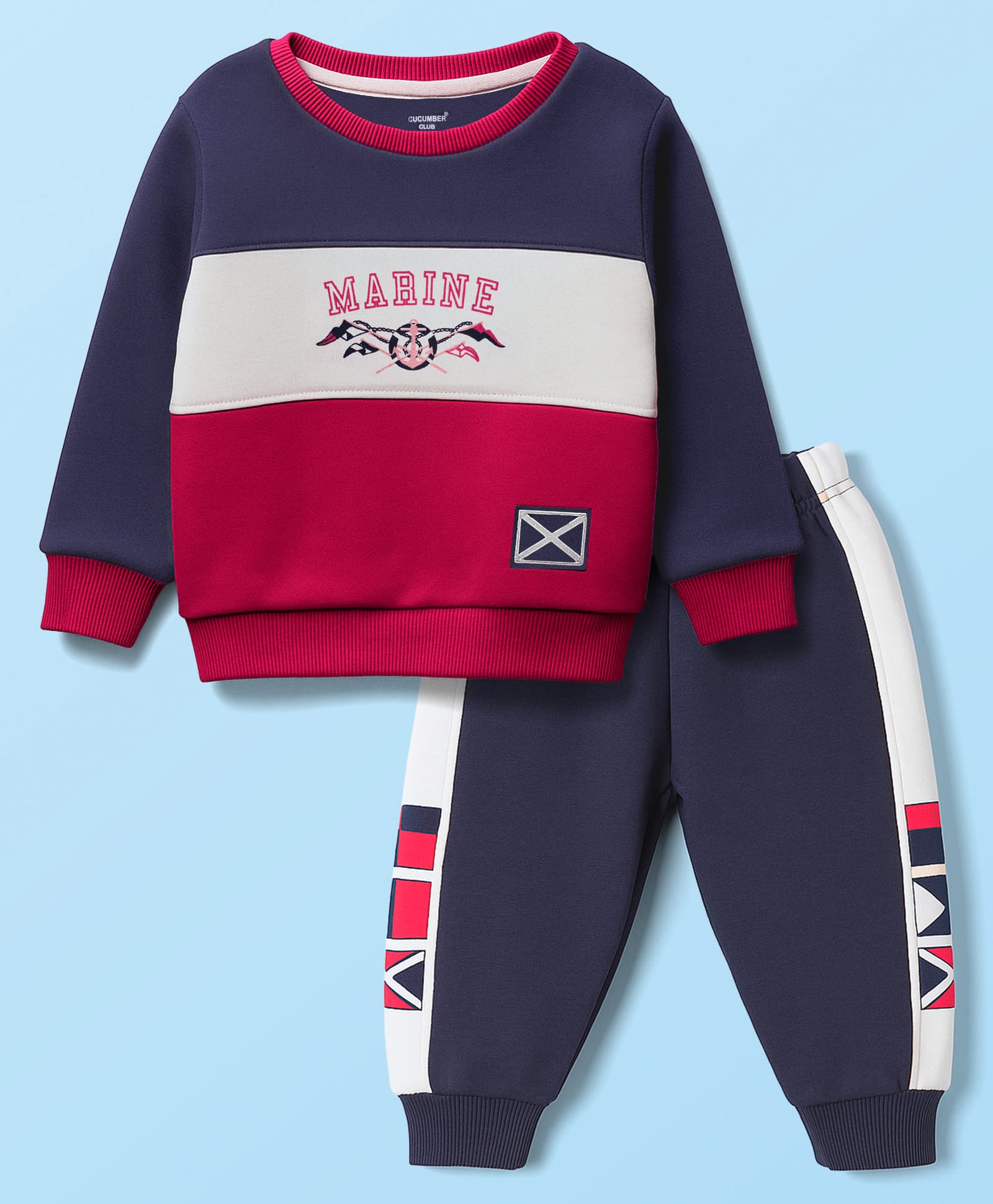CUCUMBER Sinker Knit Full Sleeves Winter Wear Sweatshirt & Joggers Set With Marine Text Print - Navy Blue & Red-image-44