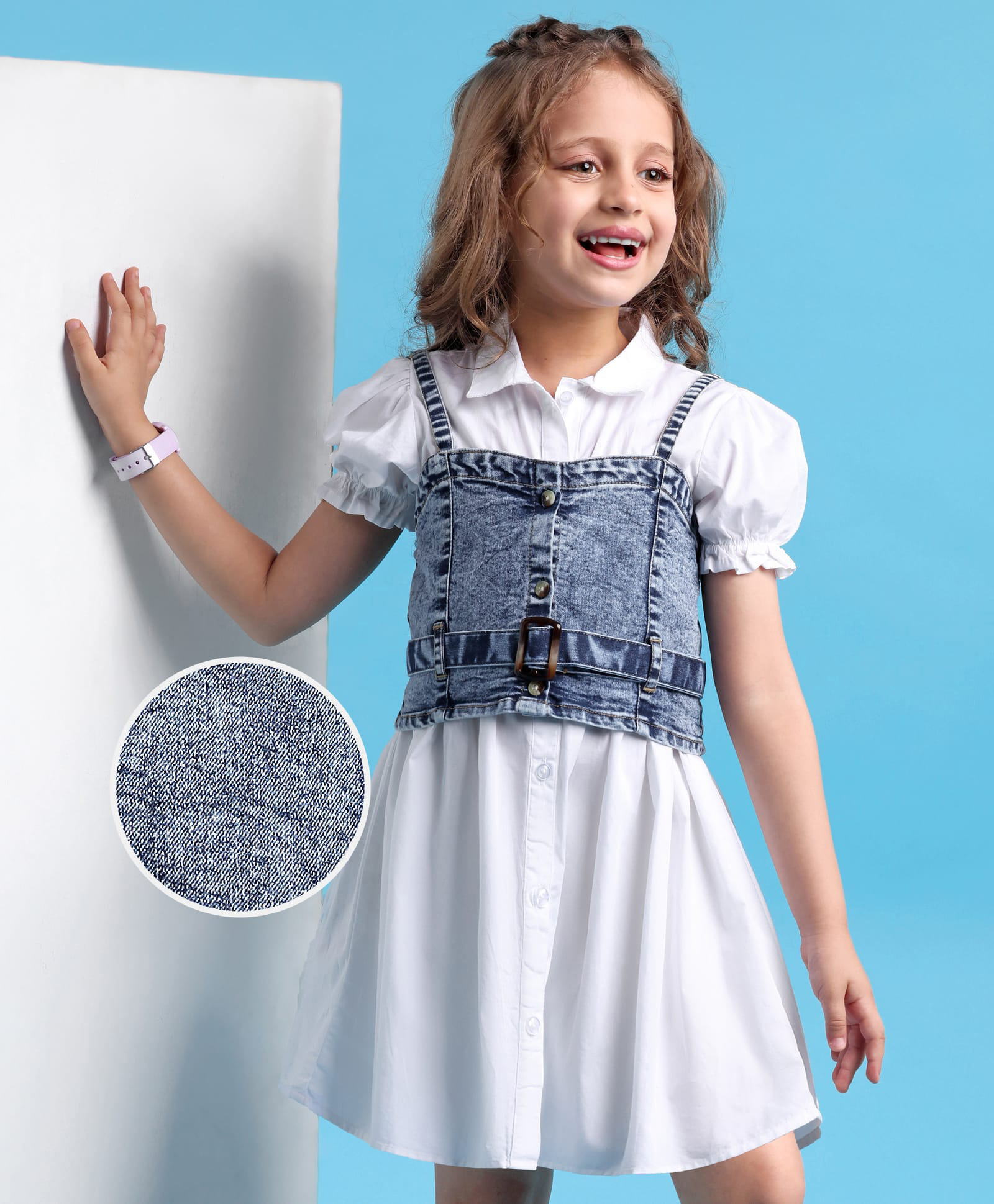 Hola Bonita Cotton Woven Half Puffed Sleeves Solid Dress with Denim Jacket - Off White-image-0