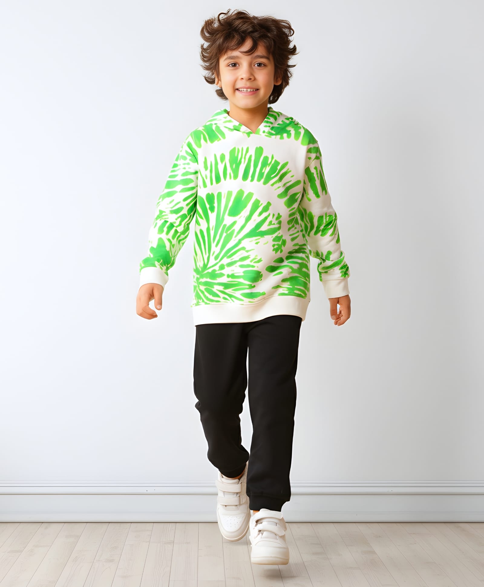 Anthrilo Fleece Knit Full Sleeves Tie Dye Hoodie With Joggers Set - Green & Black-picture-27