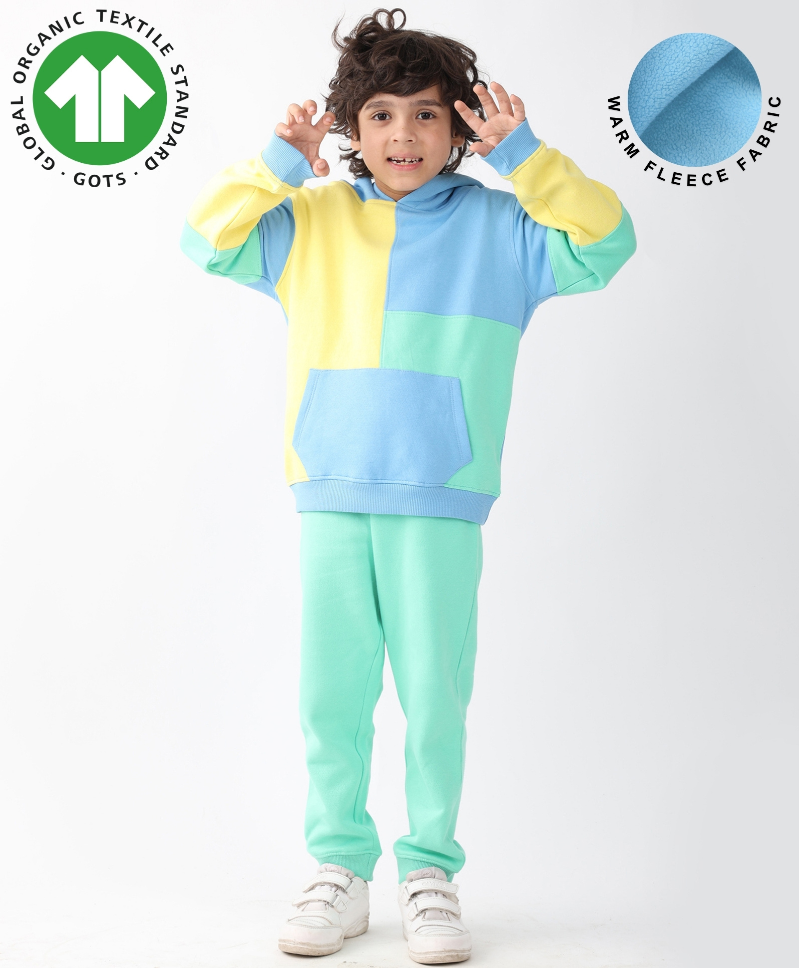 Anthrilo Fleece Knit Full Sleeves Colour Blocked Hoodie With Joggers Set - Yellow Blue & Green-picture-26