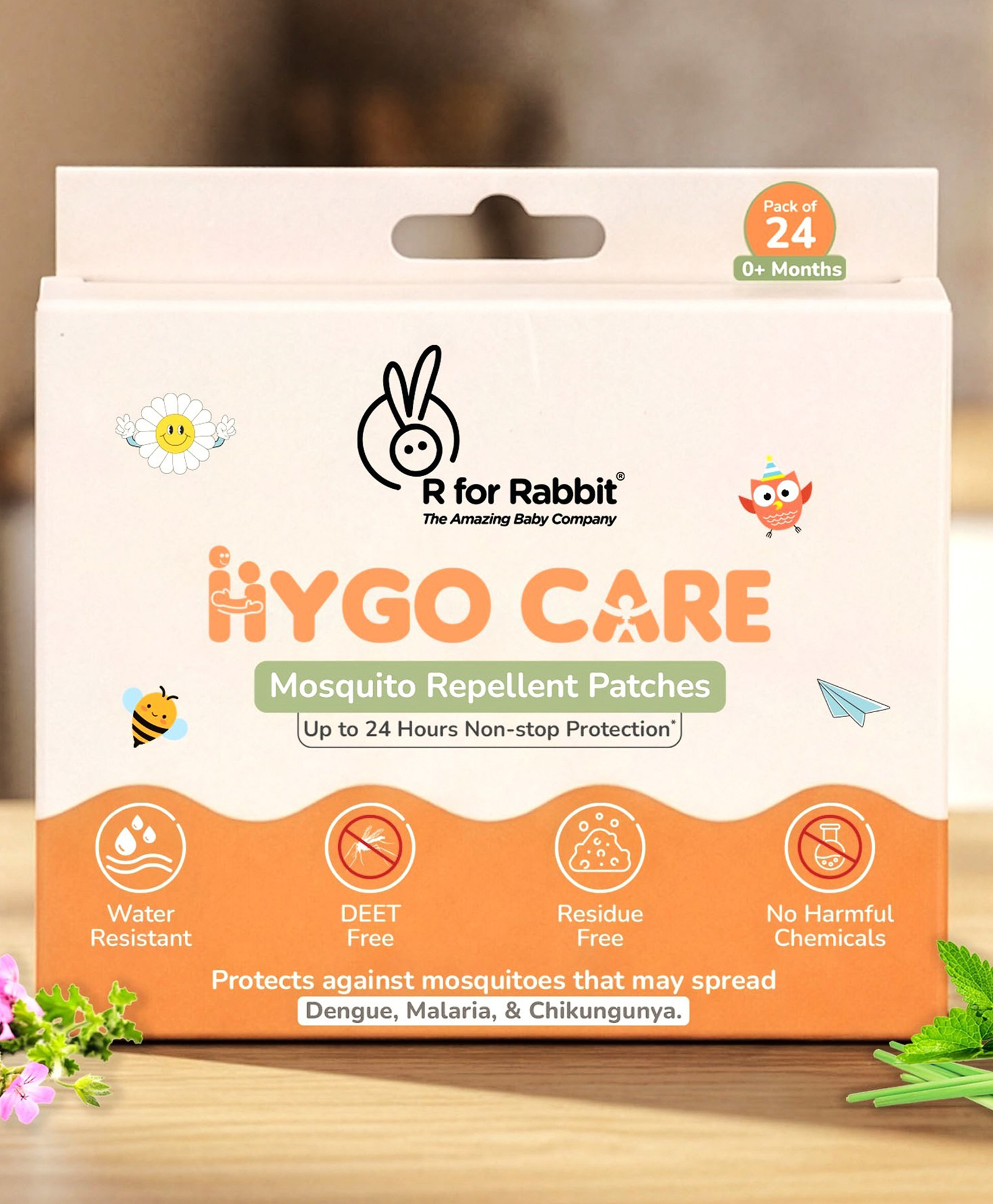 R for Rabbit Hygocare Mosquito Repellent Patches for Babies with 24-hour natural protection. Water-resistant, strong adhesive, easy to use, protects from Dengue, Malaria & Chikungunya Pack of 24
