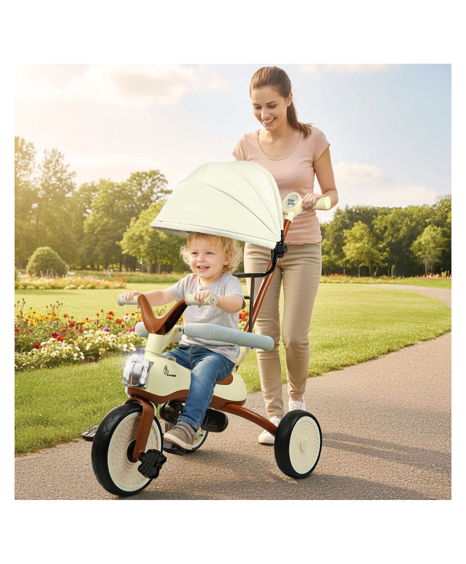 R for Rabbit Tiny Toes Karizma Tricycle for Kids with Light & Music, Parental Control, EVA Wheels, Foldable Footrest, Comfy Seat with Backrest, Baby Trike Cycle - Cream Brown
