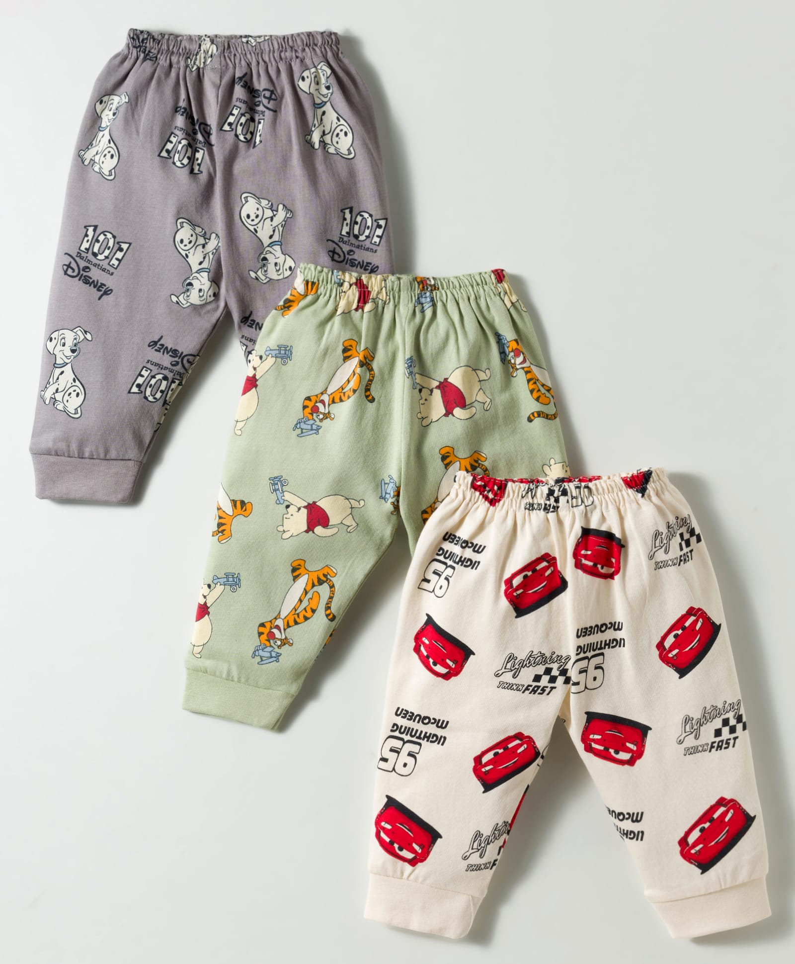 CUCUMBER Interlock Knit Full Length Lounge Pant With 101 Dalmations Pooh & Mc Queen Print Pack Of 3 - Grey Cream & Light Green-picture-20