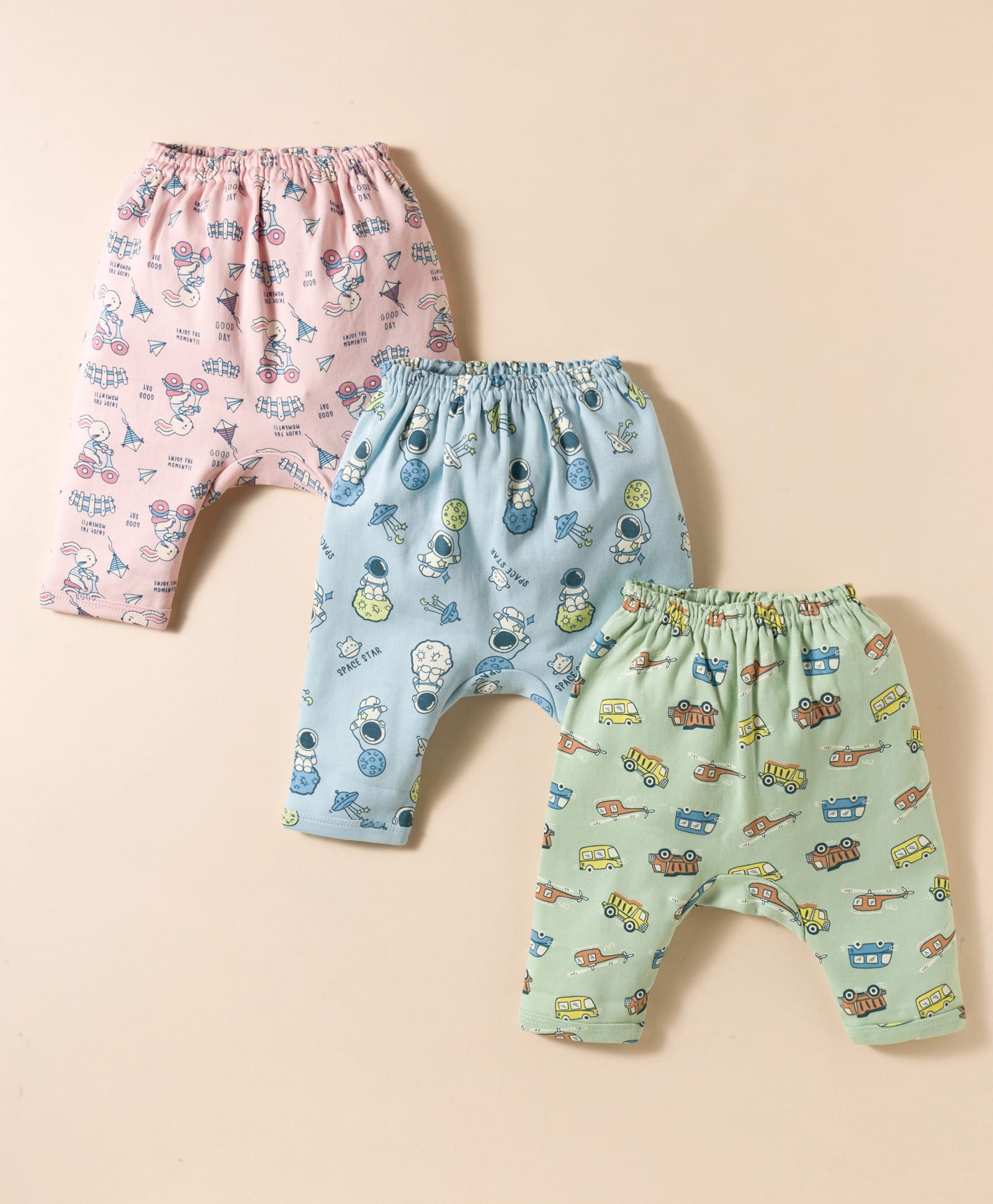 CUCUMBER Interlock Knit Full Length Lounge Pants With Vehicle Print Pack Of 3 - Green Light Blue & Pink-picture-13