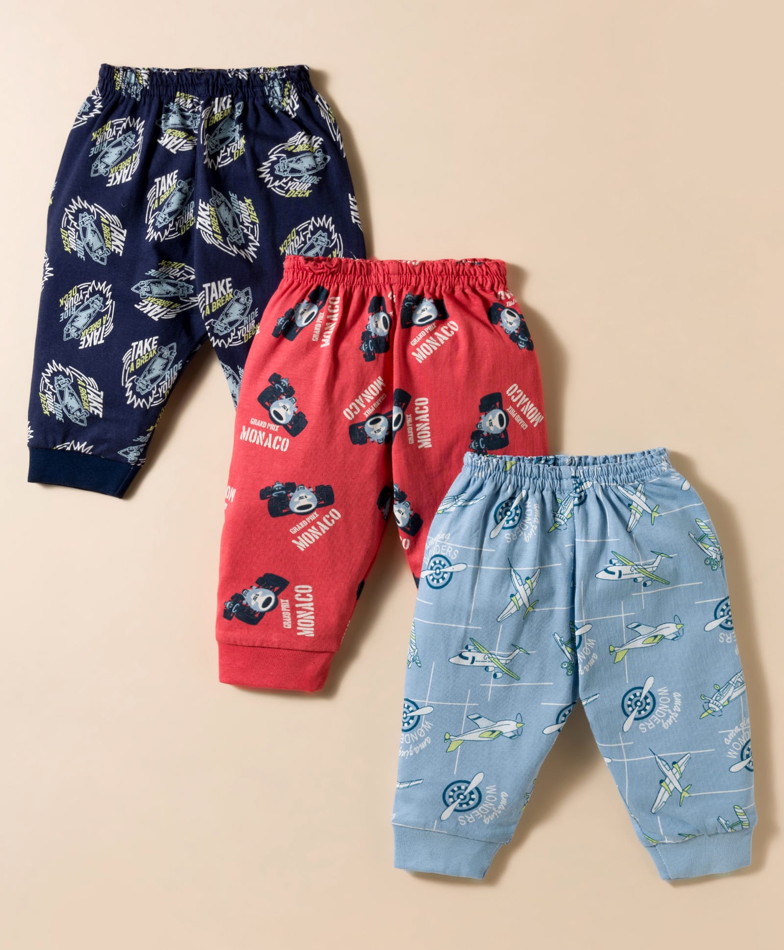 CUCUMBER Interlock Knit Full Length Lounge Pant With Vehicle Print Pack Of 3 -Navy Blue Red & Light Blue-picture-20