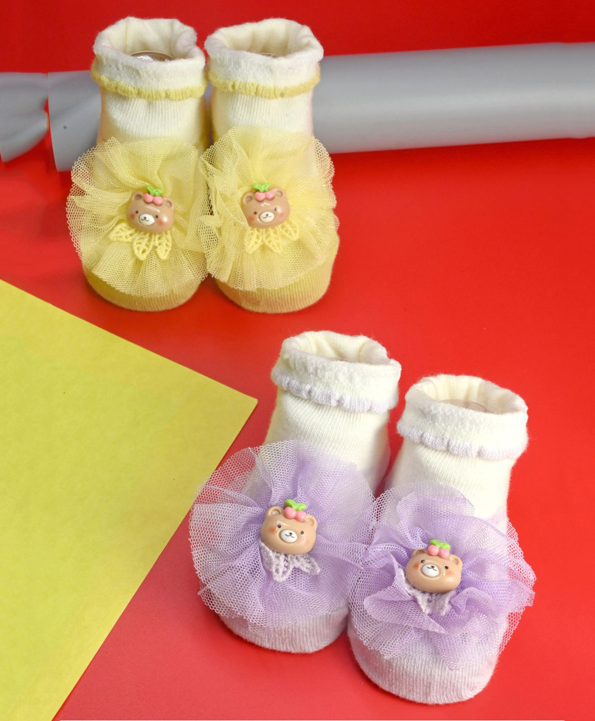 Yellow Bee Pack Of 2 Bear Applique Detailed Anti Skid Socks - Multi Colour-image-24