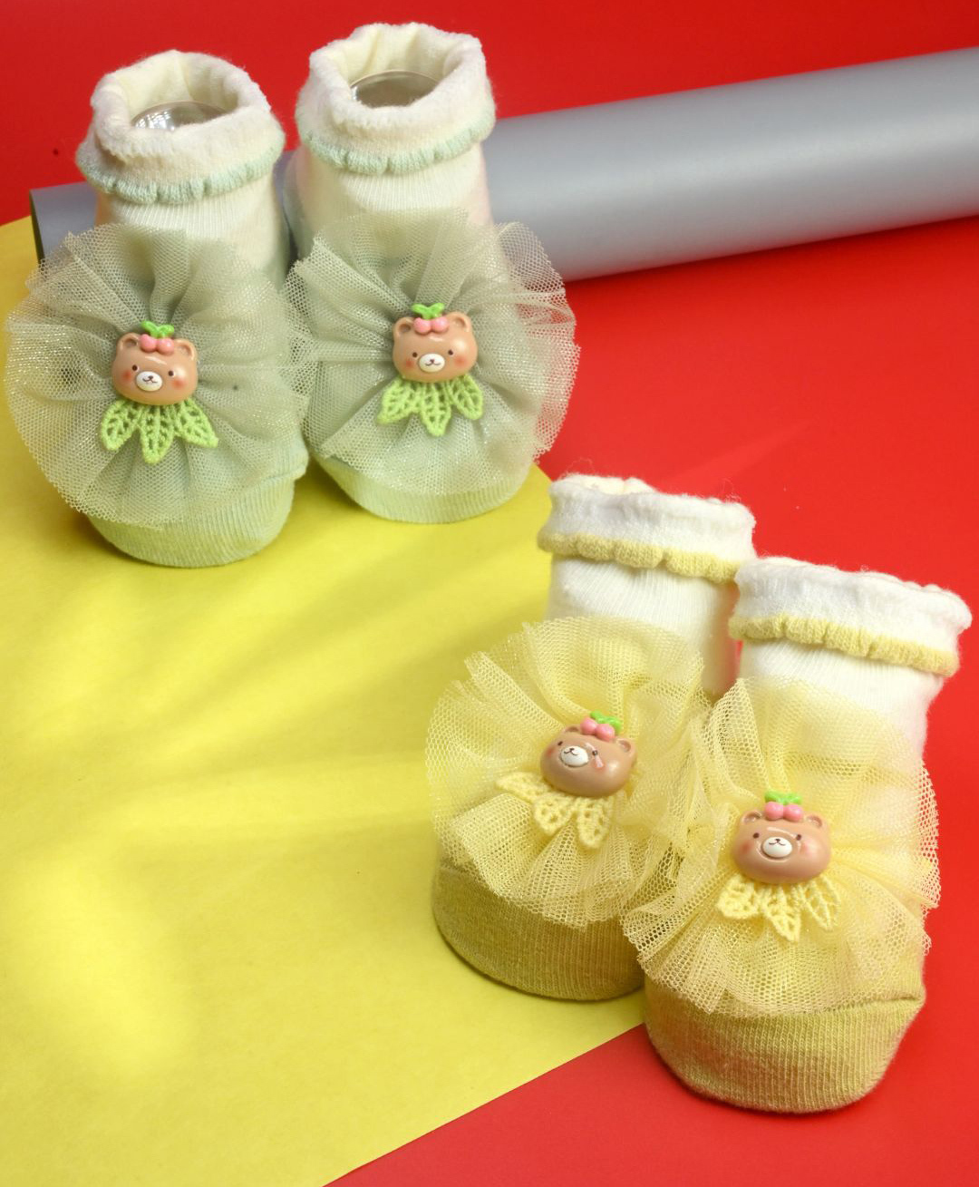 Yellow Bee Pack Of 2 Bear Applique Detailed Anti Skid Socks - Multi Colour-picture-22