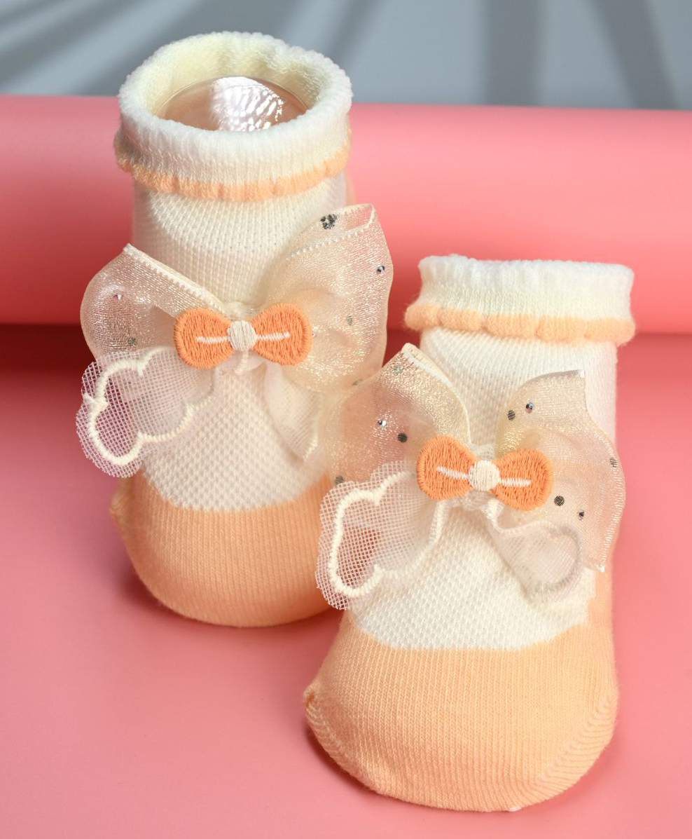 Yellow Bee Bow Applique Detailed Socks - Orange-image-1