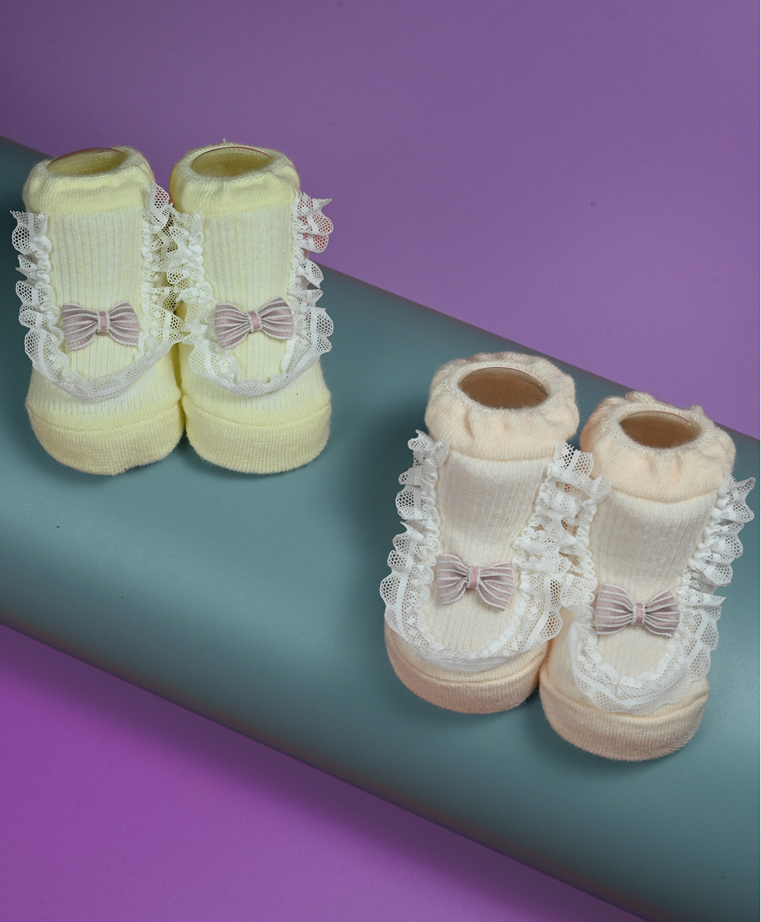 Yellow Bee Cotton Knit Pack Of 2 Bow Applique & Lace Detailed Socks - Multi Colour-image-30
