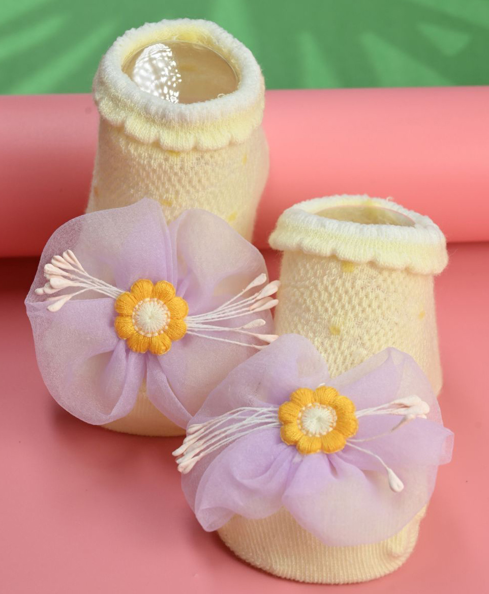 Yellow Bee Cotton Knit Floral Applique Detailed Socks - Multi Colour-image-40