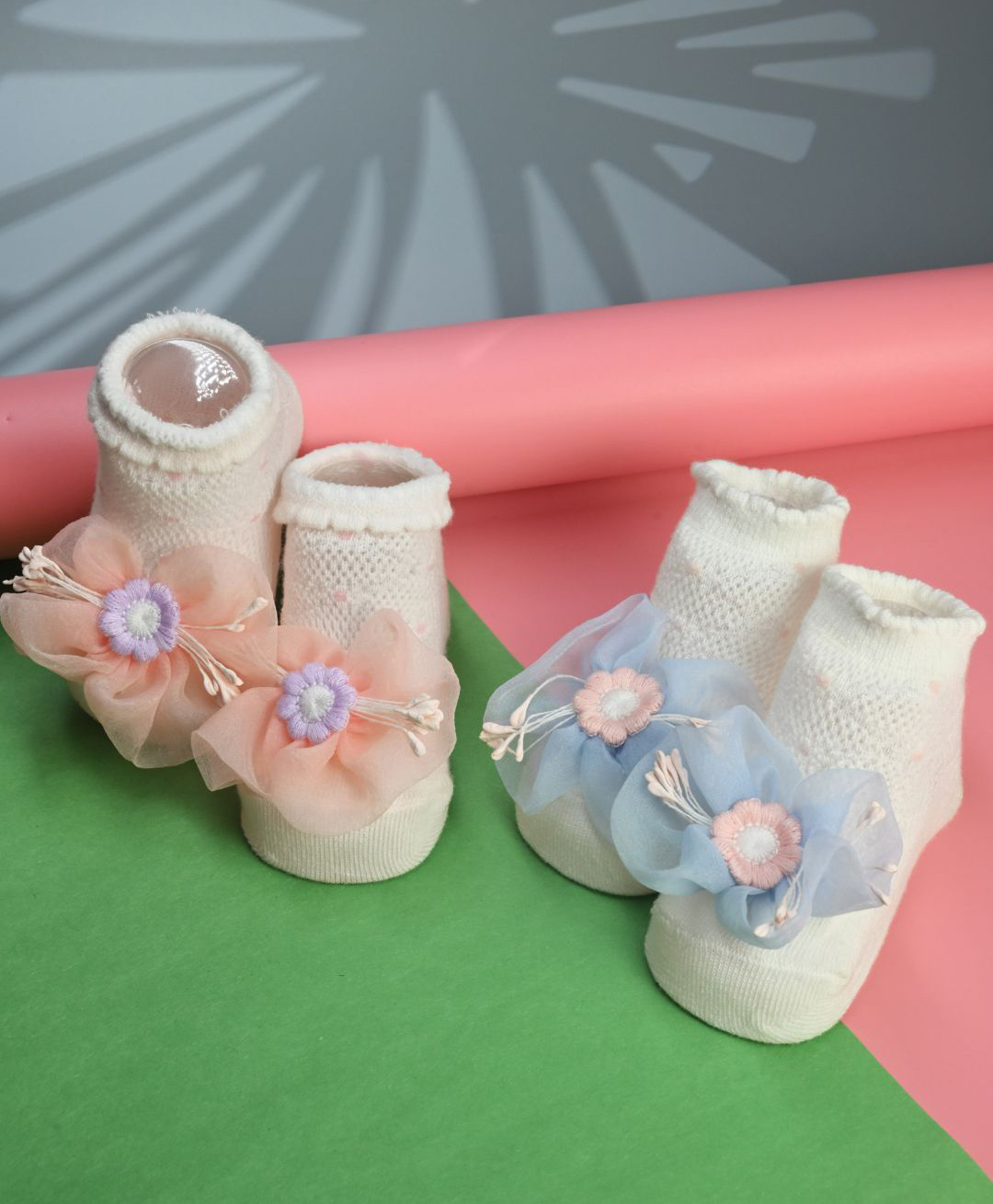 Yellow Bee Cotton Knit Pack Of 2 Floral Applique Detailed Socks - Multi Colour-image-28