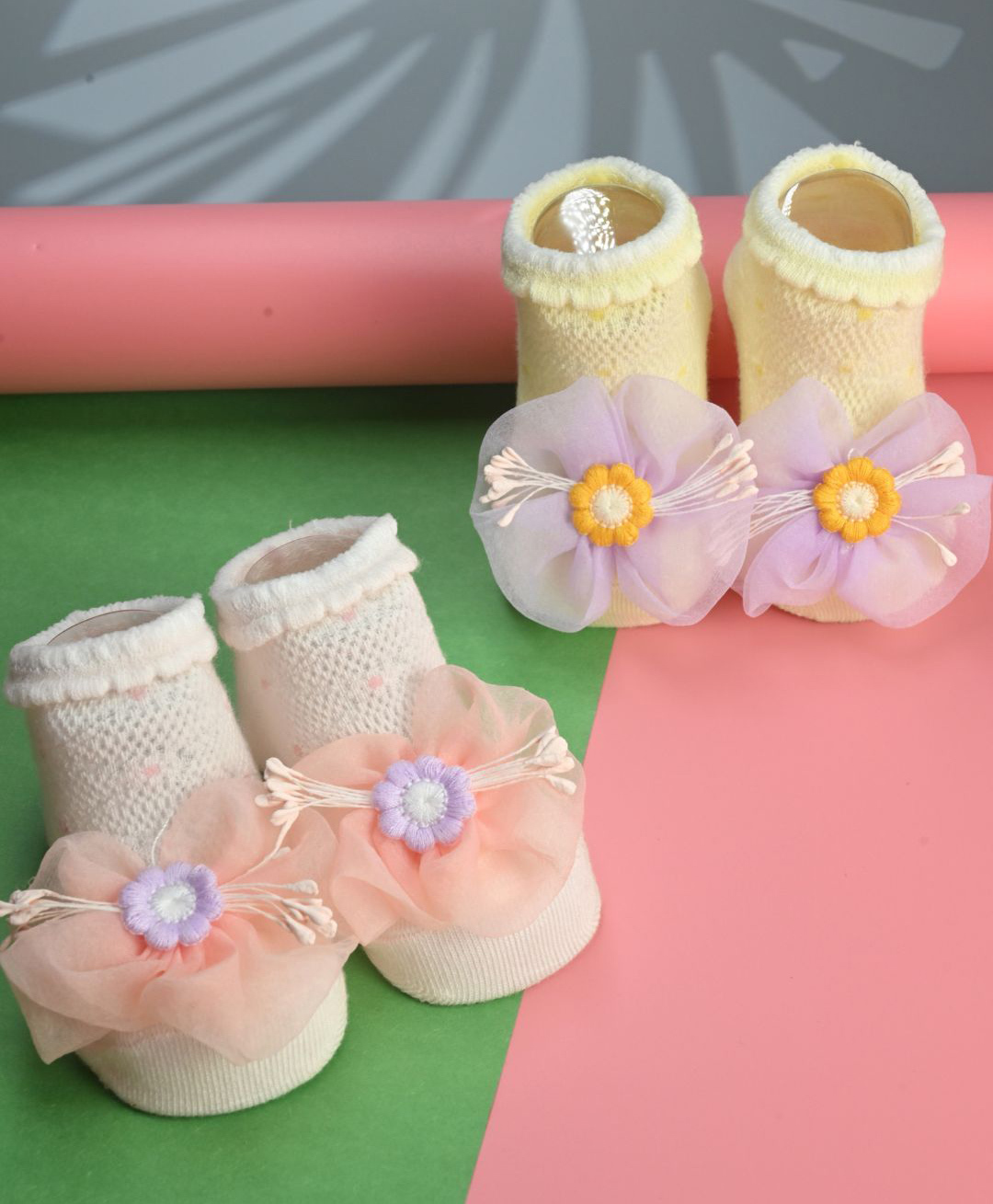 Yellow Bee Cotton Knit Pack Of 2 Floral Applique Detailed Socks - Multi Colour-picture-9