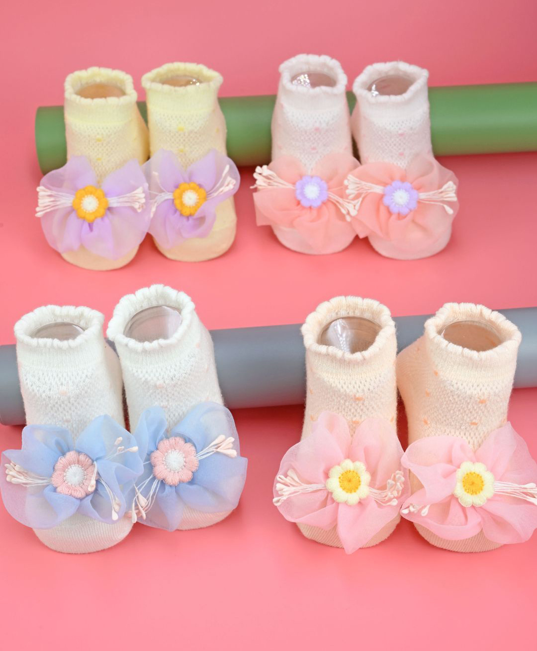 Yellow Bee Cotton Knit Pack Of 4 Floral Applique Detailed Socks - Multi Colour-image-29