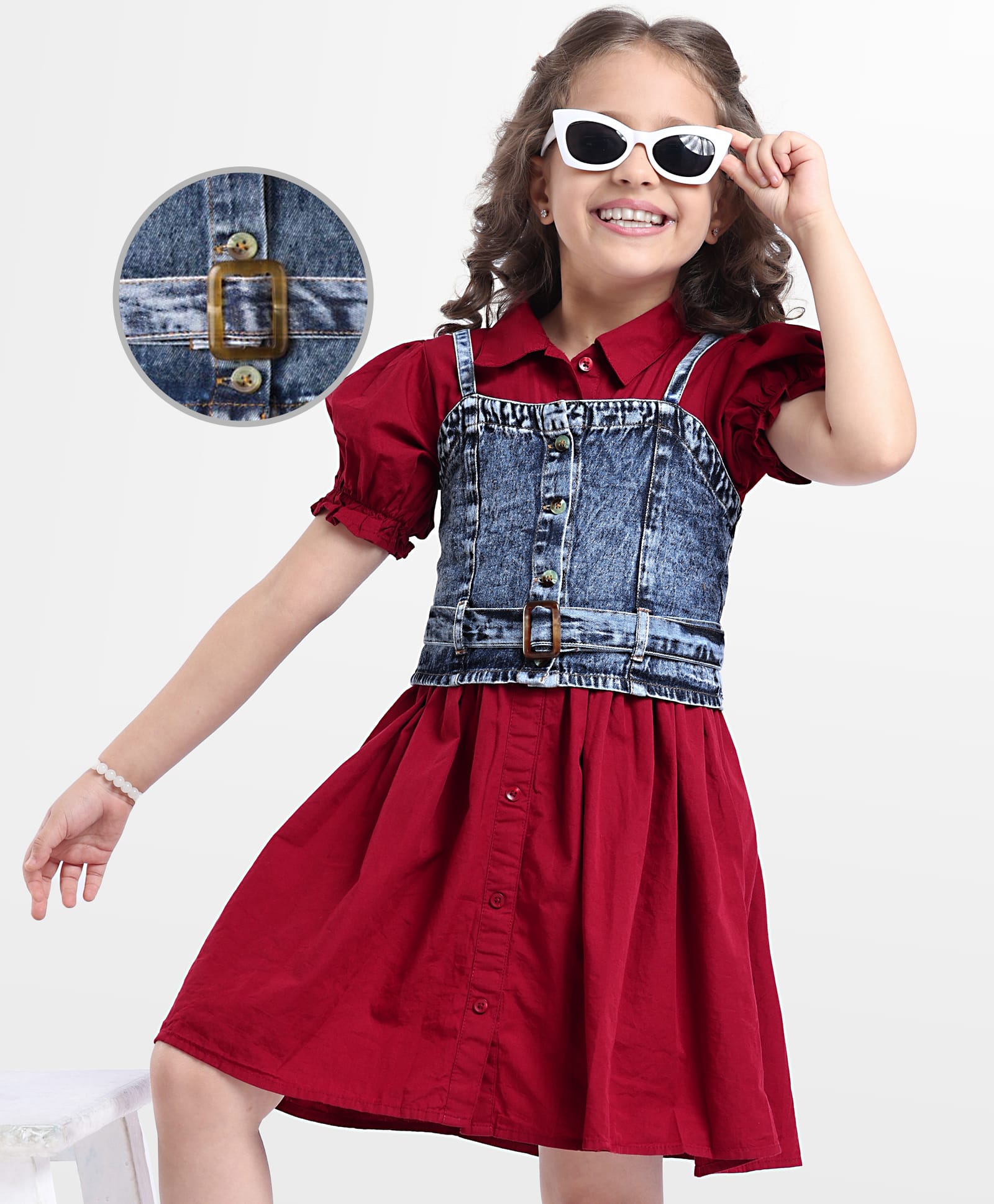 Hola Bonita Cotton Woven Half Puffed Sleeves Solid Colour Dress with Denim Jacket - Maroon-image-32