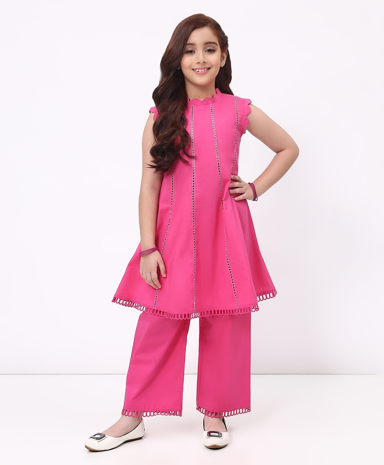 Spunkies Cotton Woven Sleeveless Geometric Embroidered Kurti & Salwar Set - Pink-picture-18