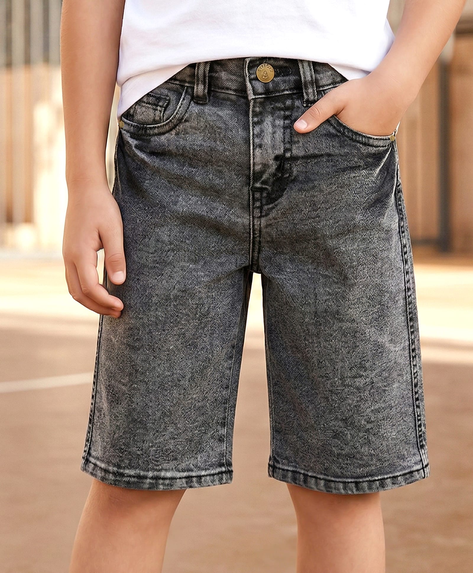 Pine Kids Denim Woven Knee Length Washed Shorts - Charcoal Grey-image-32
