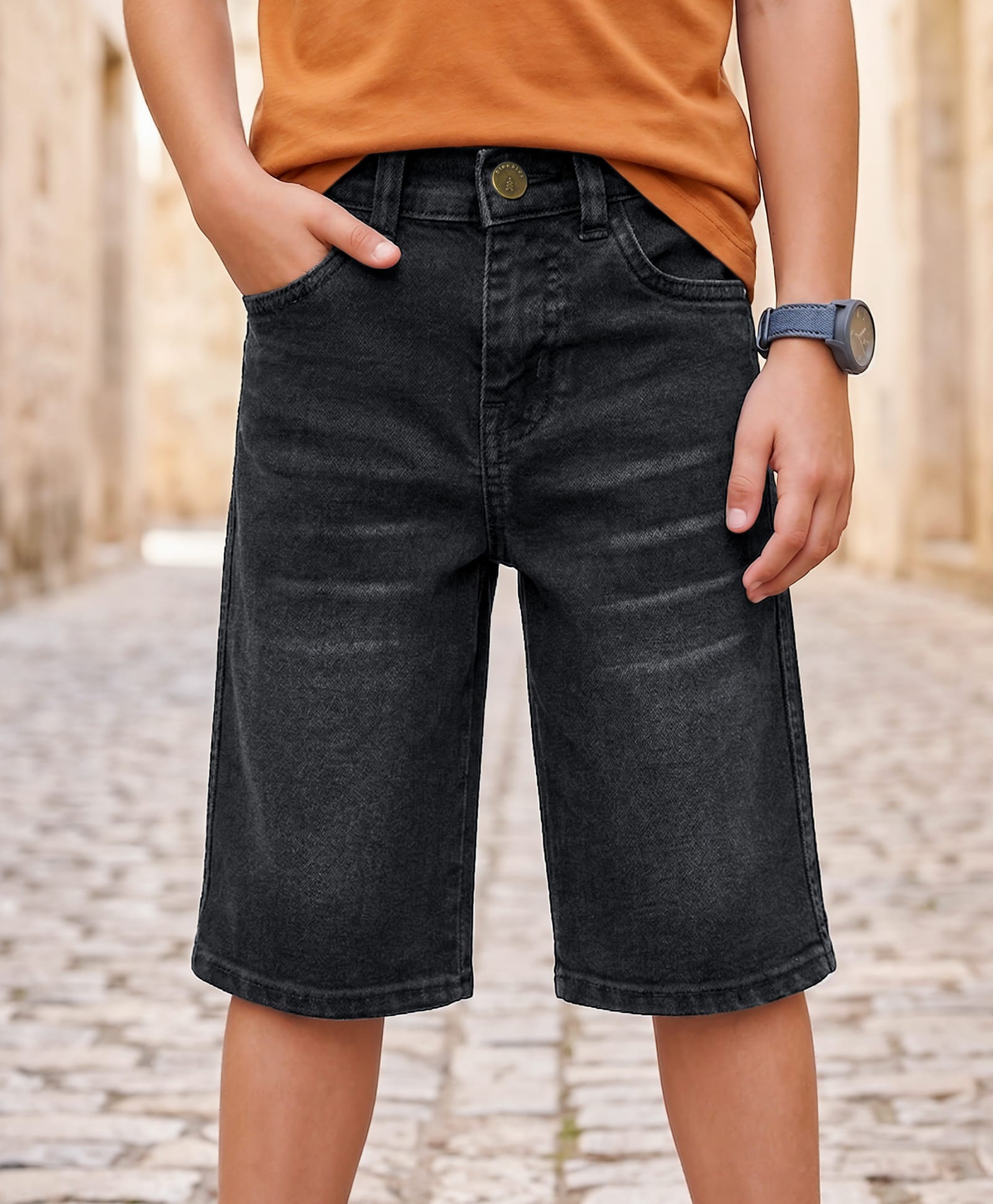 Pine Kids Denim Woven Knee Length Washed Shorts - Black-picture-24