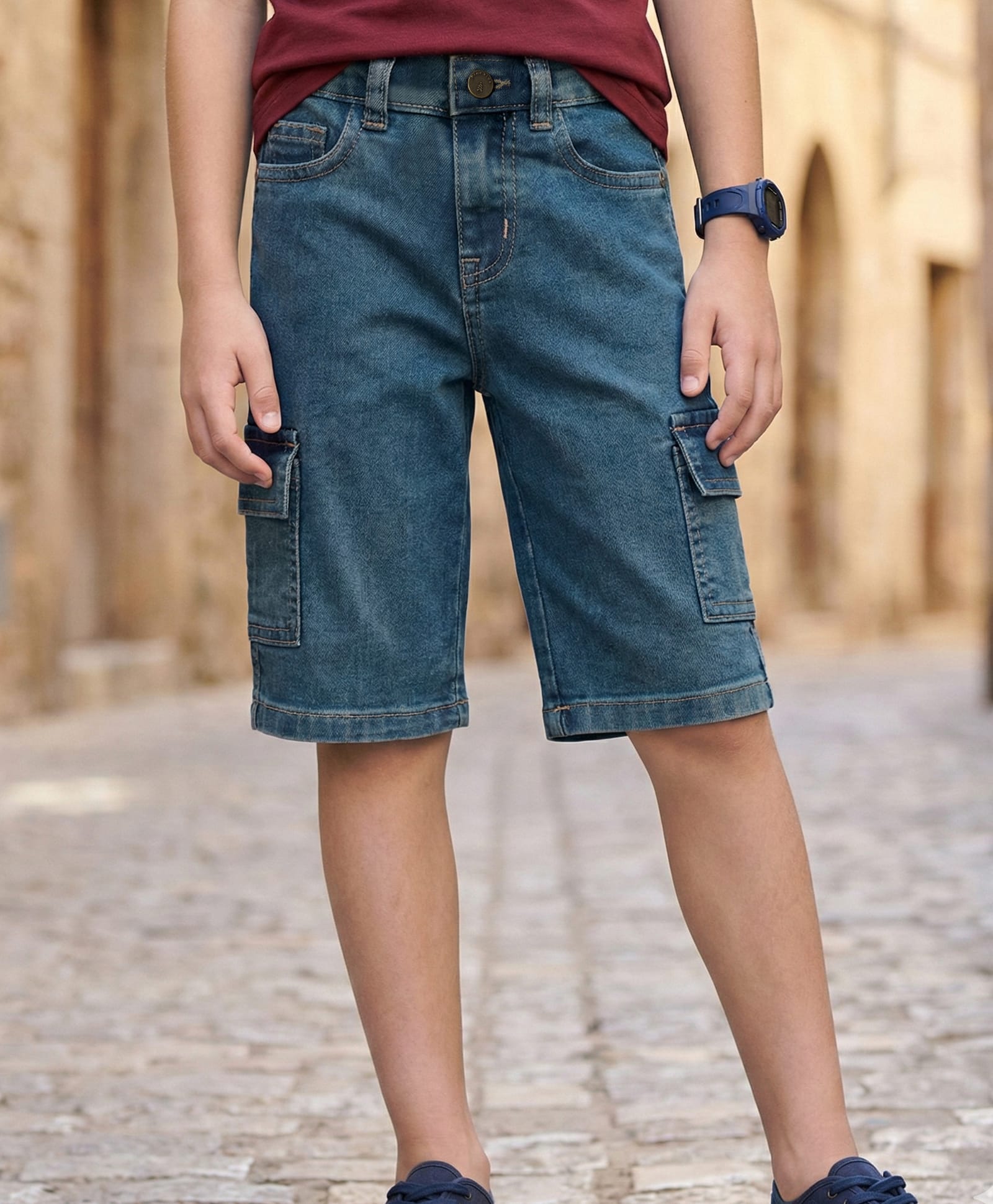 Pine Kids Denim Woven Knee Length Washed Shorts - Blue-picture-38