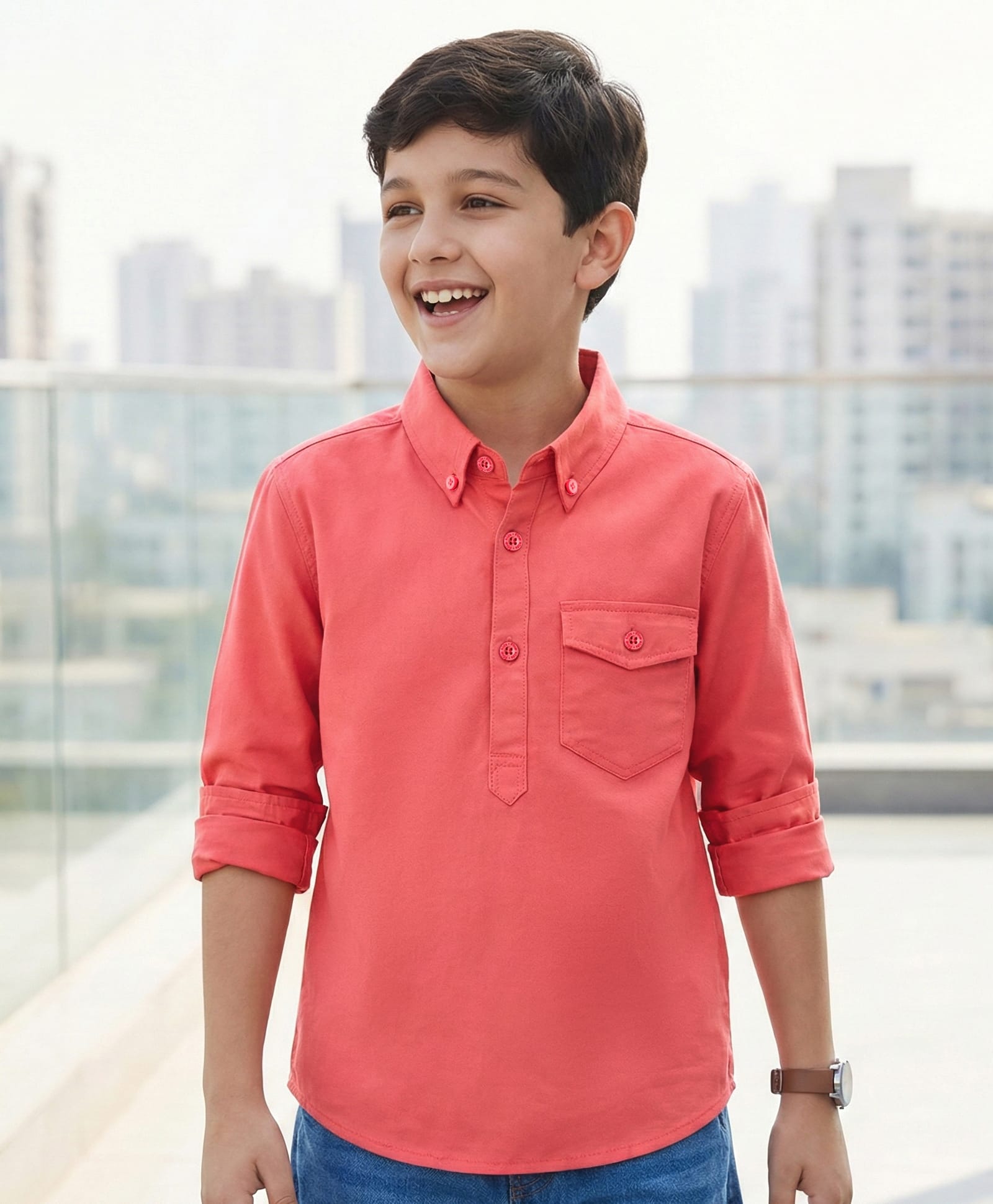 Pine Kids Cotton Woven Full Sleeves Solid Colour Kurta Style Shirt - Coral-picture-30