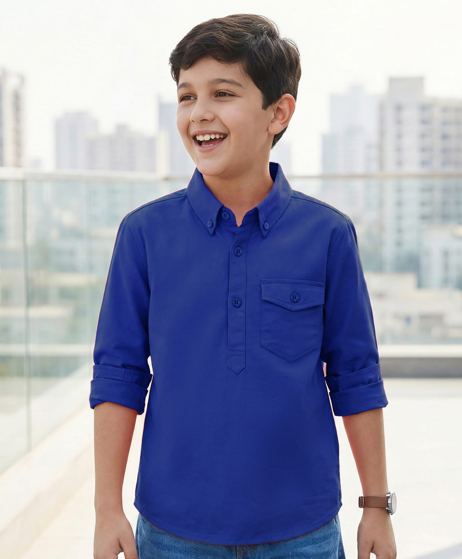 Pine Kids Cotton Woven Full Sleeves Solid Colour Kurta Style Shirt - Blue-picture-26