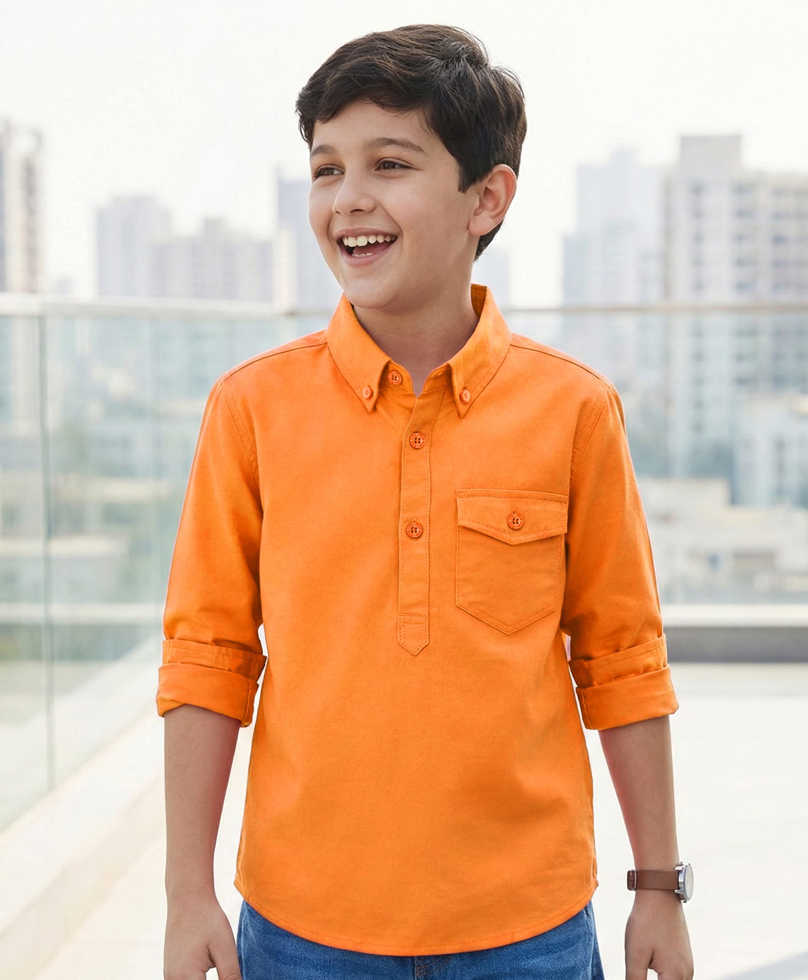 Pine Kids Cotton Woven Full Sleeves Solid Colour Kurta Style Shirt - Orange-picture-27