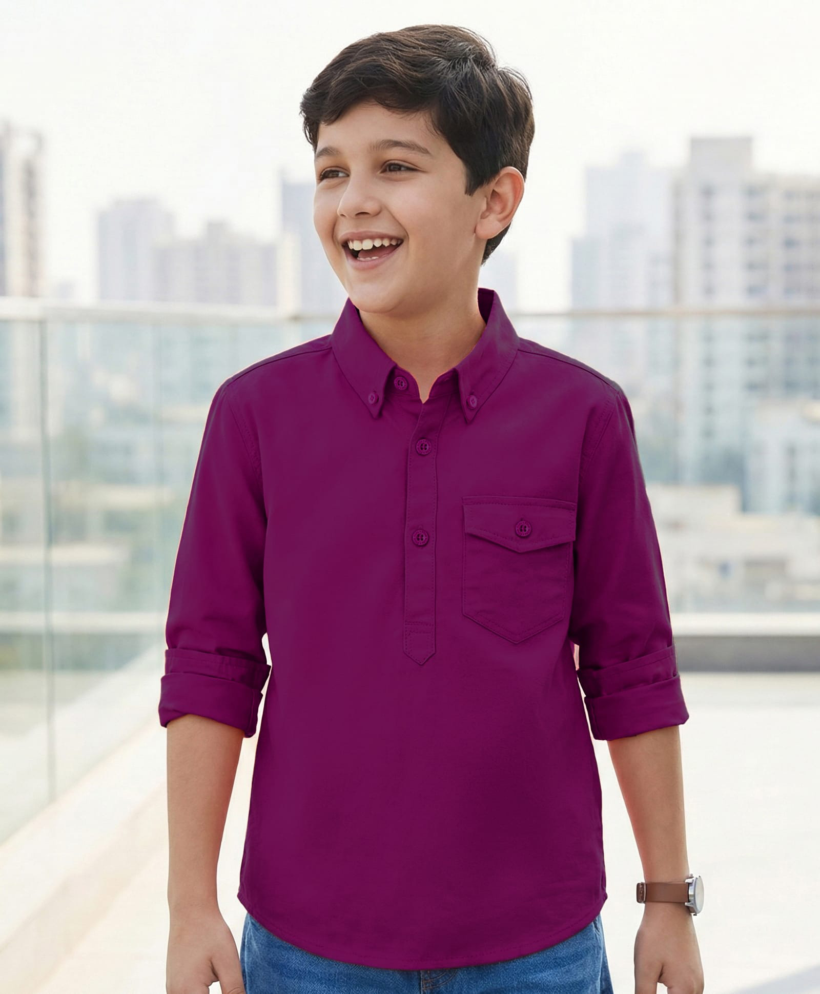 Pine Kids Cotton Woven Full Sleeves Solid Colour Kurta Style Shirt - Purple-image-48