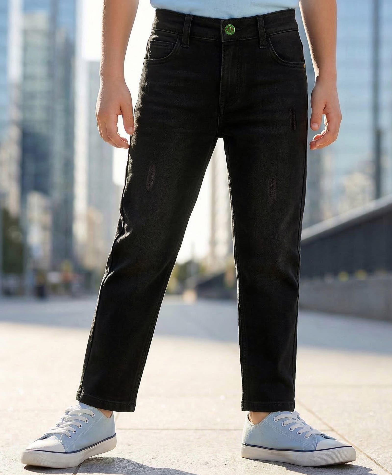 Pine Kids Denim Woven Full Length Washed Jeans - Black-picture-11