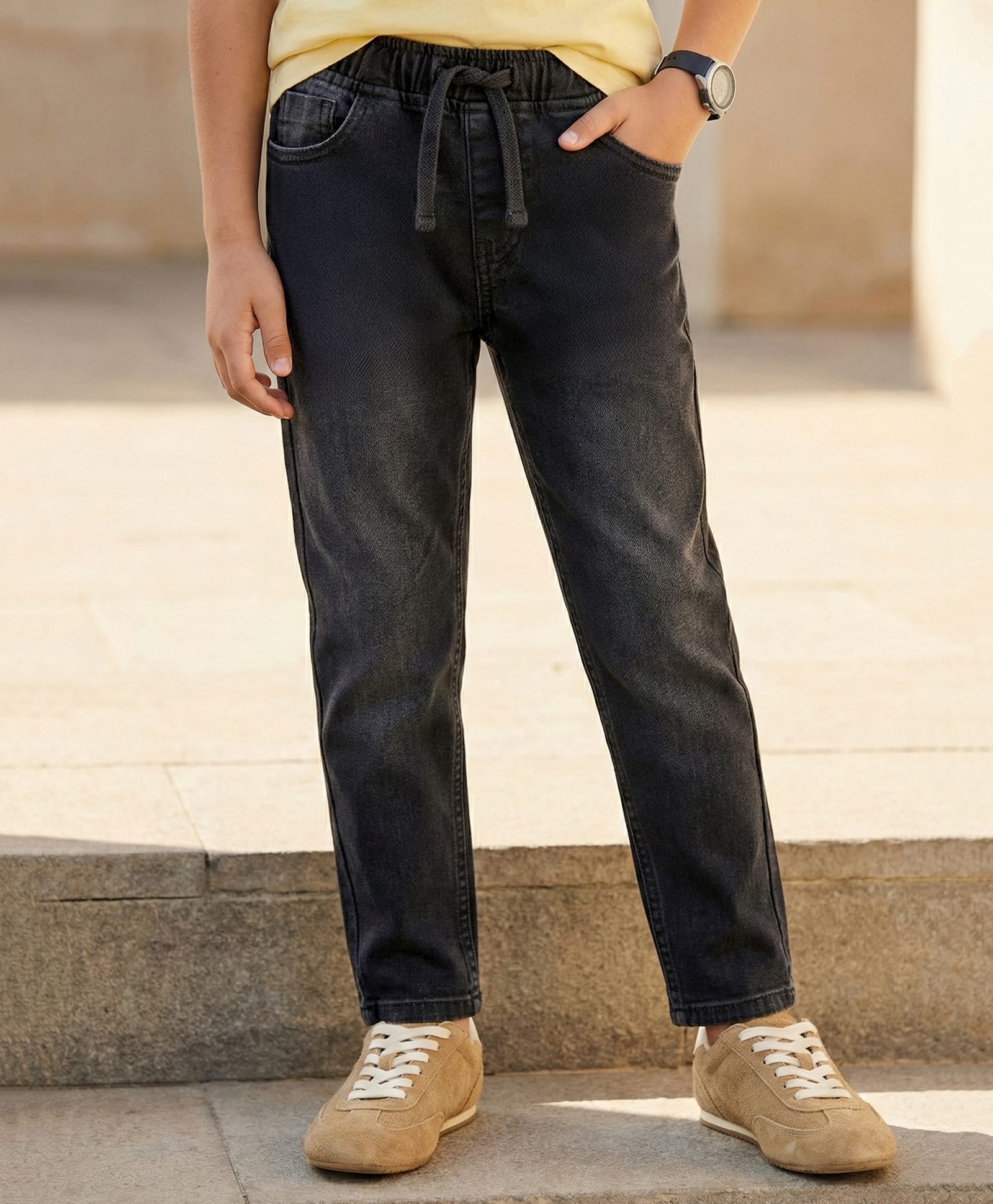 Pine Kids Denim Woven Full Length Washed Jeans - Black