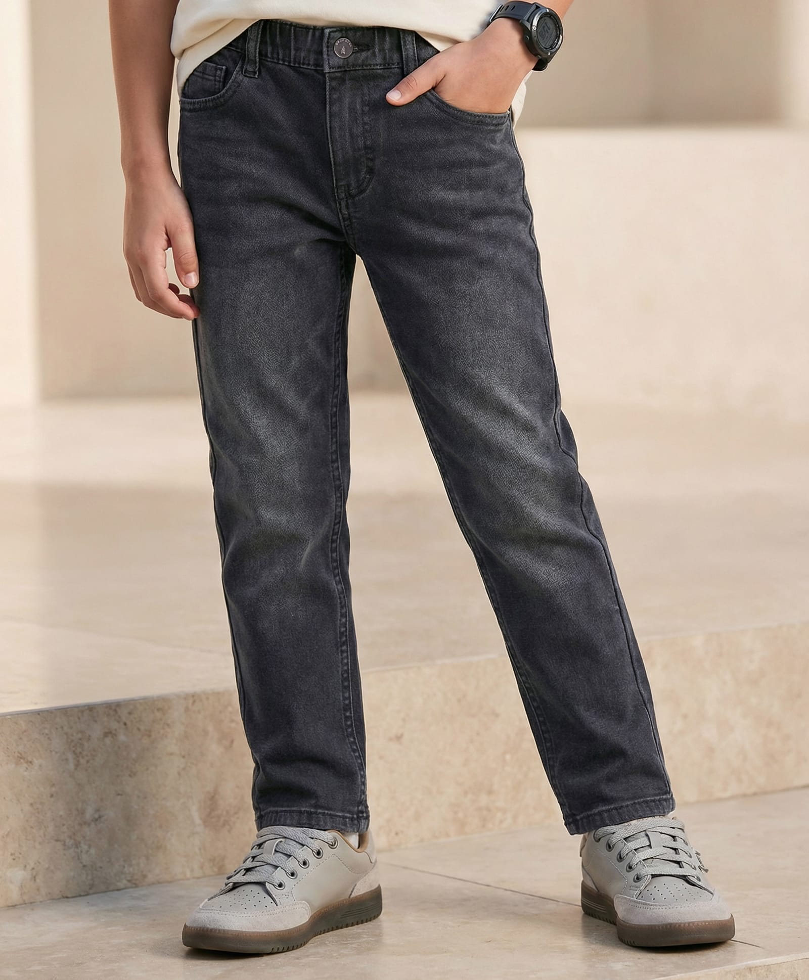Pine Kids Woven Full Length Washed Denim Jeans - Black-image-39