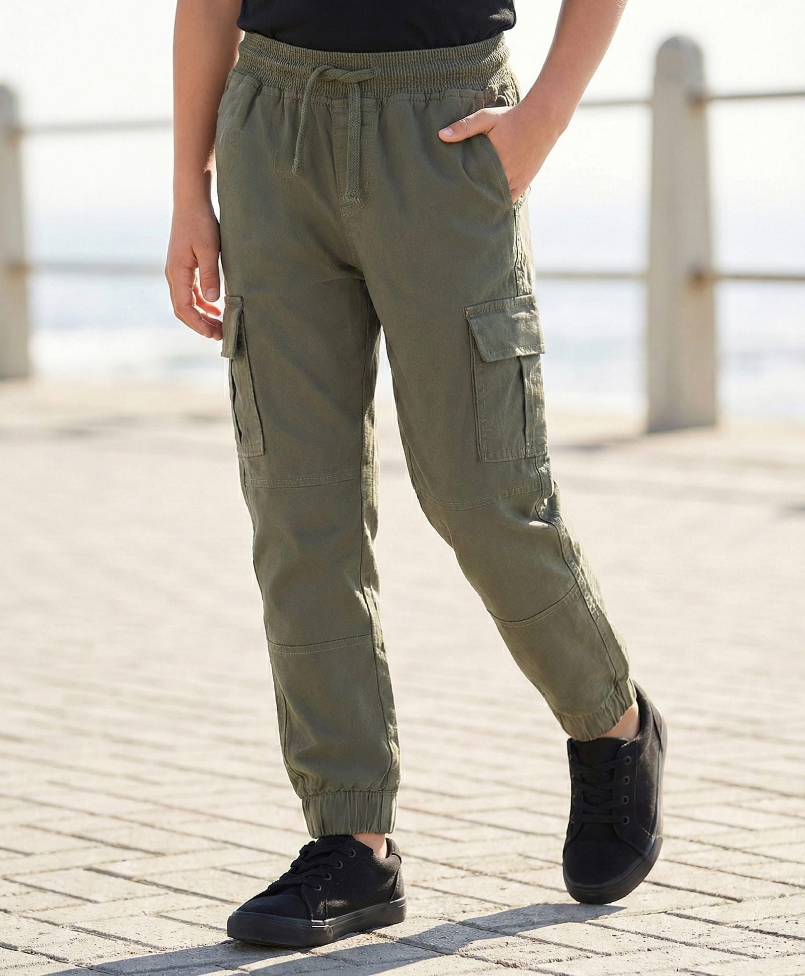 Pine Kids Cotton Elastane Woven Full Length Solid Trouser With Cargo Pockets - Olive Green-picture-24