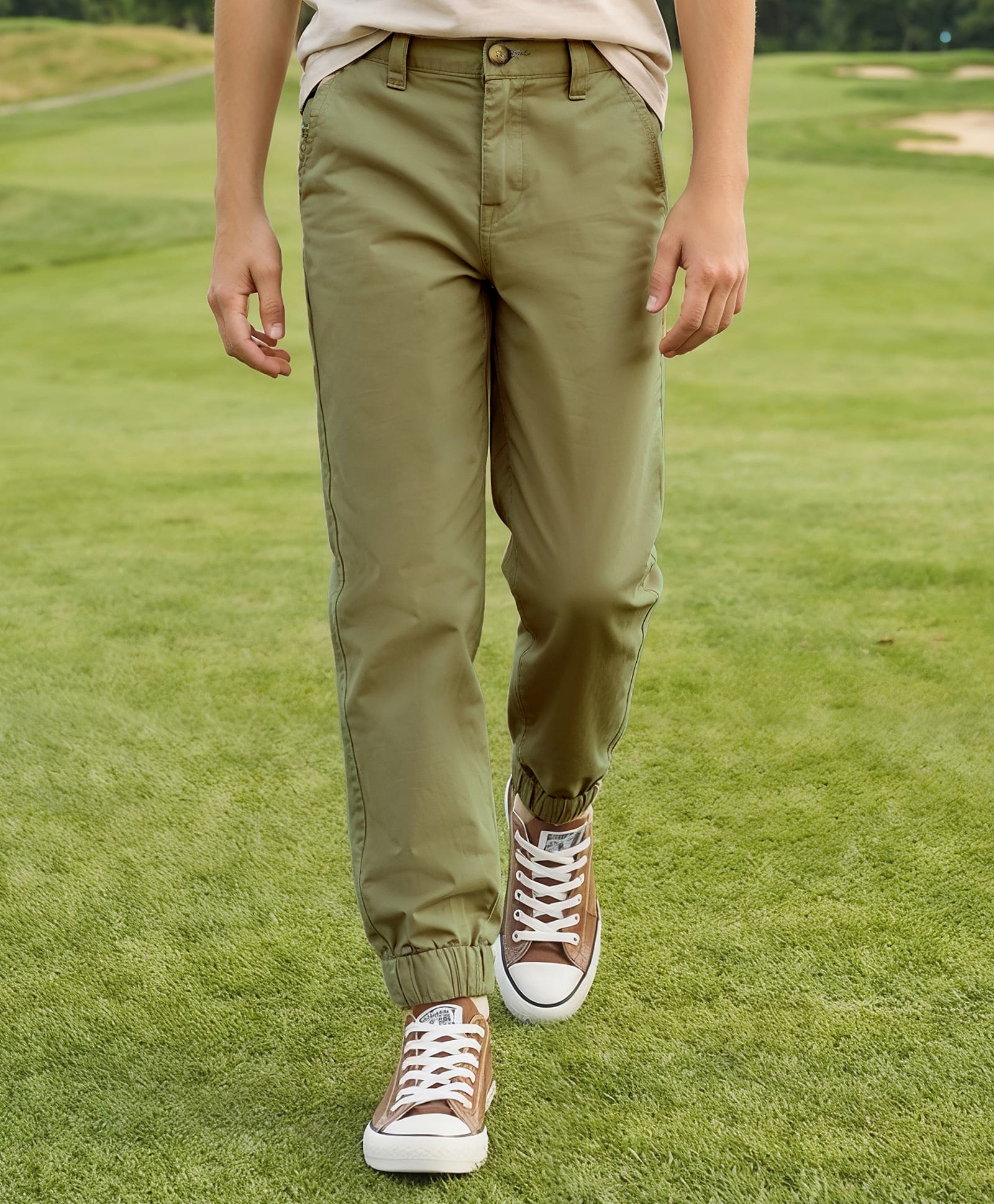 Pine Kids Cotton Elastane Woven Full Length Solid Trouser - Light Green