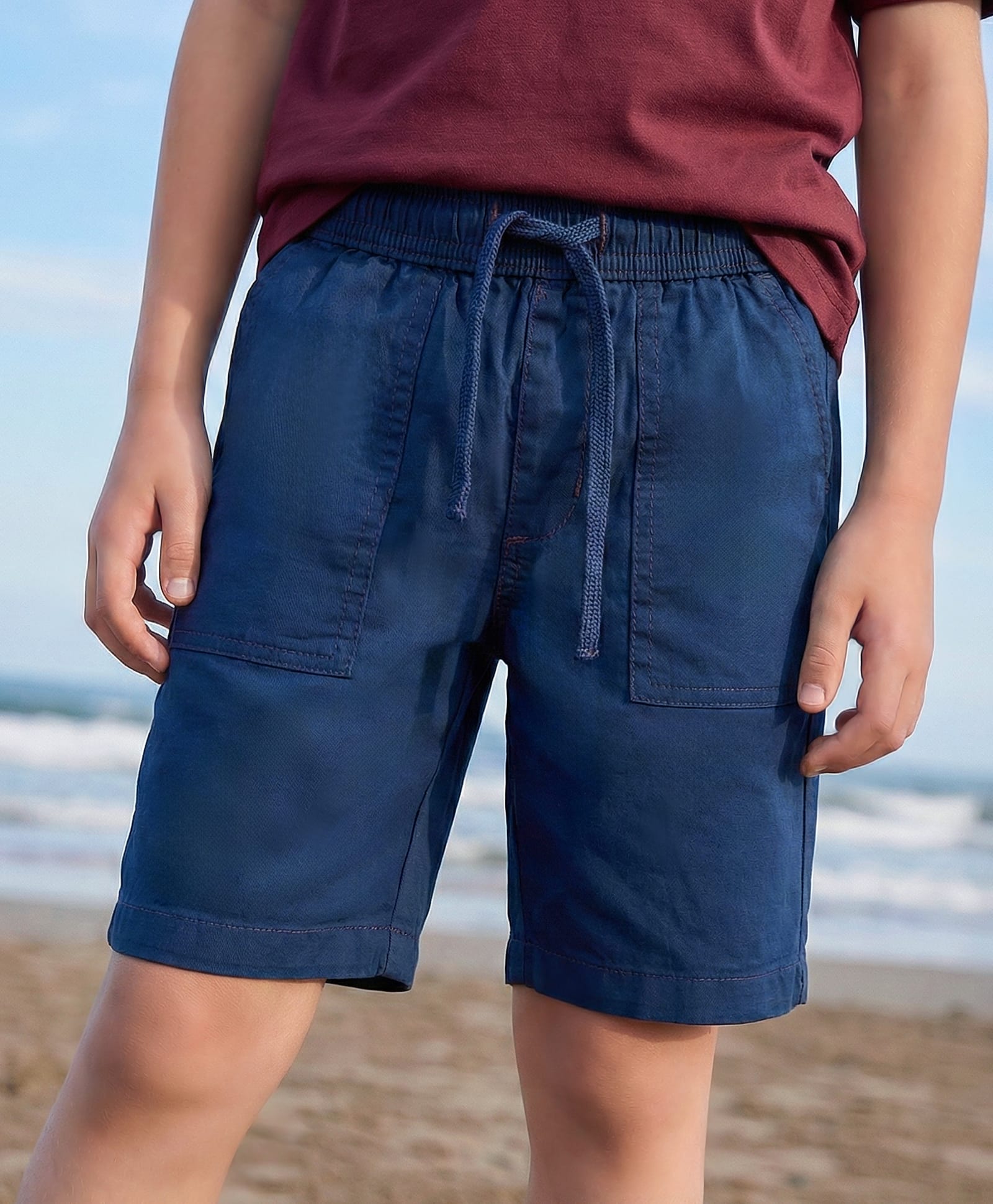 Pine Kids Cotton Elastane Woven Above Knee Length Solid Colour Shorts - Navy Blue-picture-30