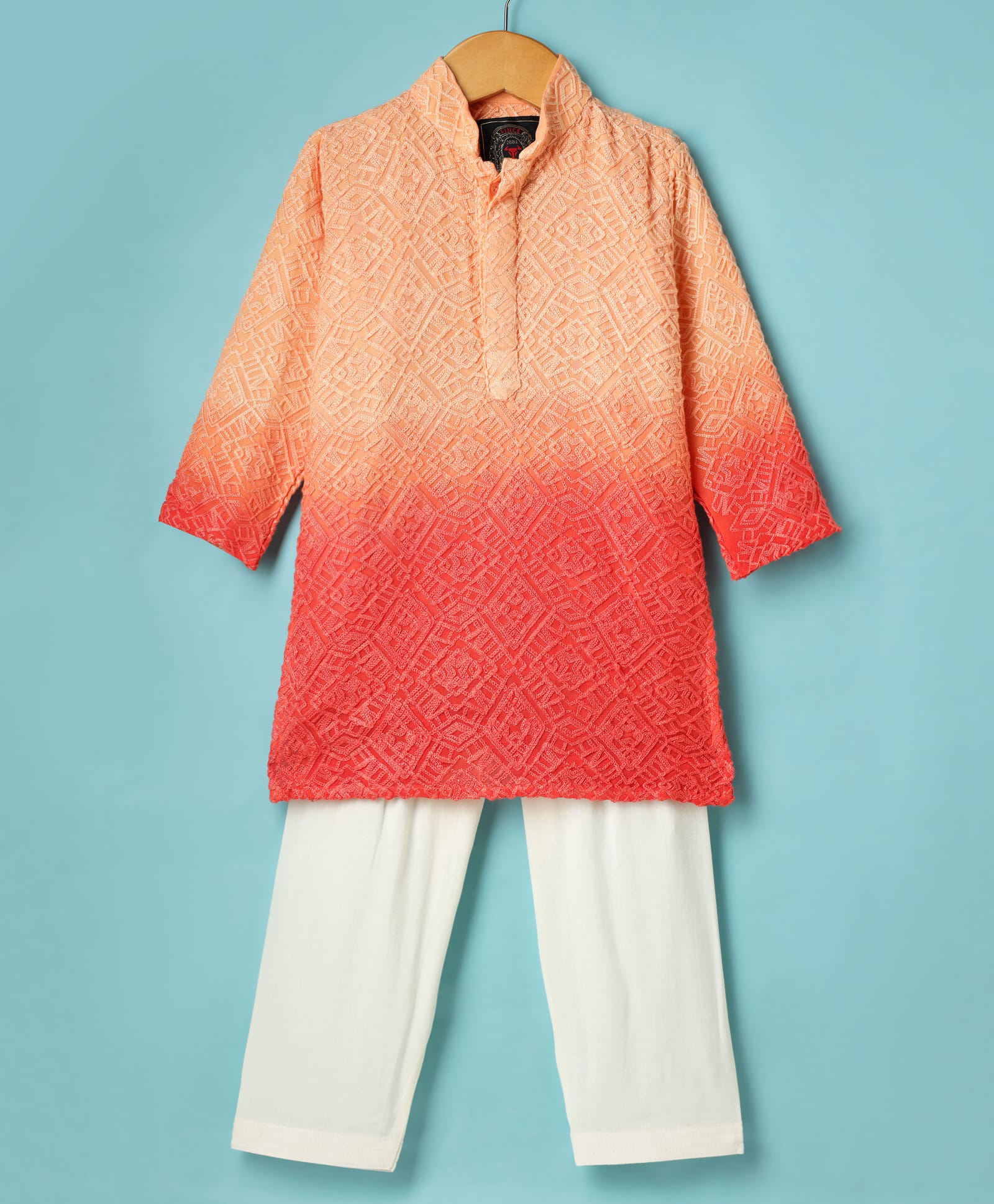 Little Bull Full Sleeves Abstract Embroidered Kurta & Pyjama Set - Peach-picture-17