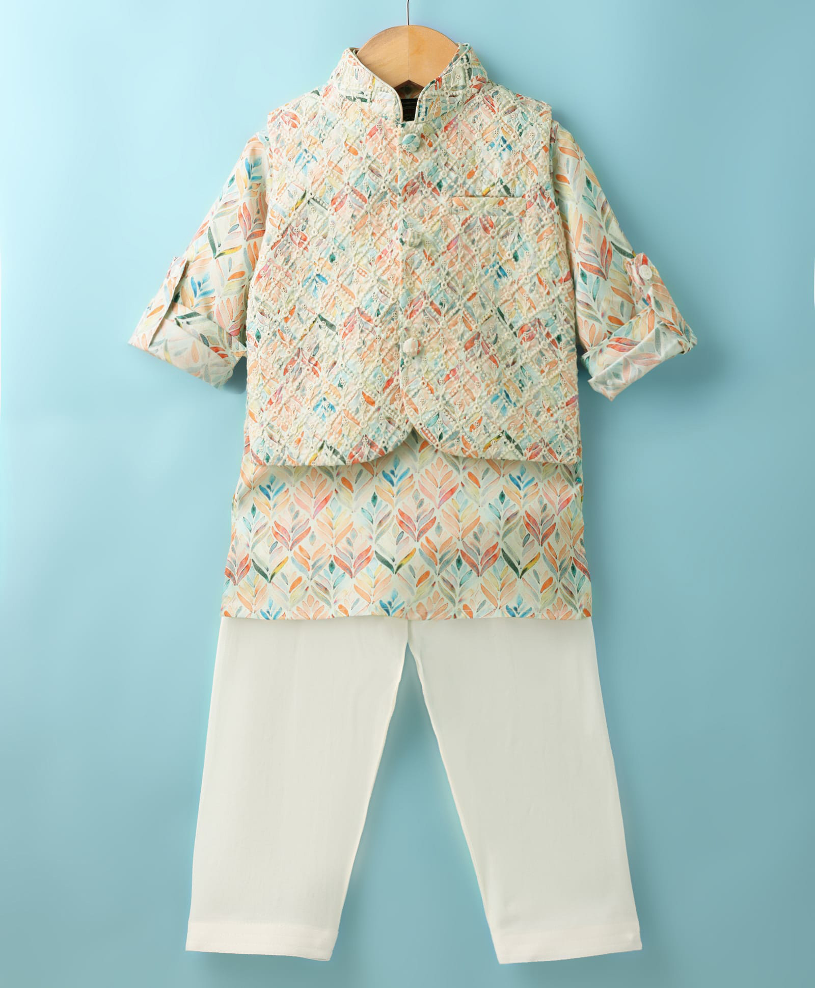 Little Bull Full Sleeves Floral Threadwork Detailed Kurta & Pyjama Set With Jacket - Peach-picture-26