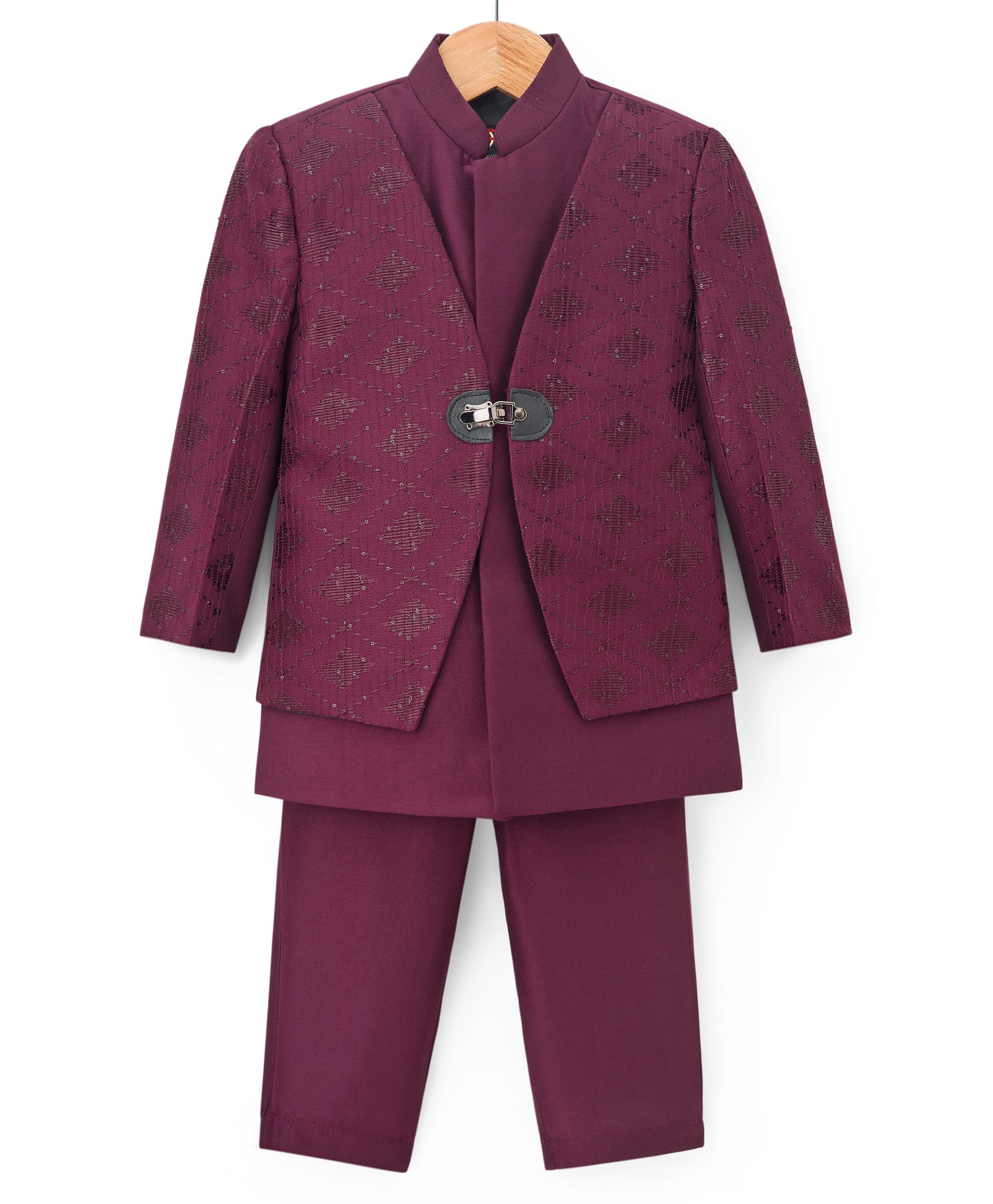Little Bull Full Sleeves Sherwani With Sequins Embellished & Threadwork Detailed Attached Jacket & Pant Set - Wine-picture-15