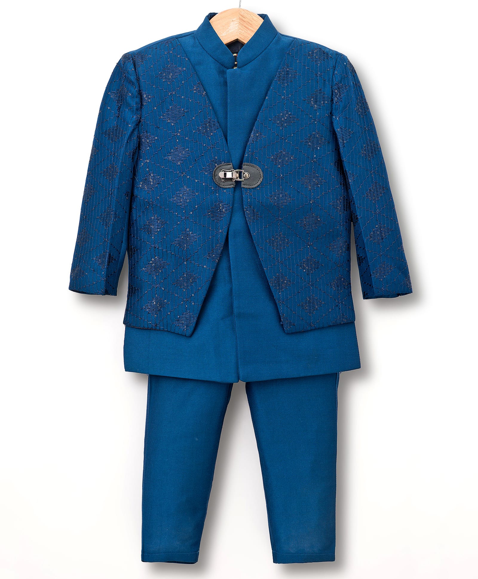 Little Bull Full Sleeves Sherwani With Sequins Embellished & Threadwork Detailed Attached Jacket & Pant Set - Navy Blue-picture-28