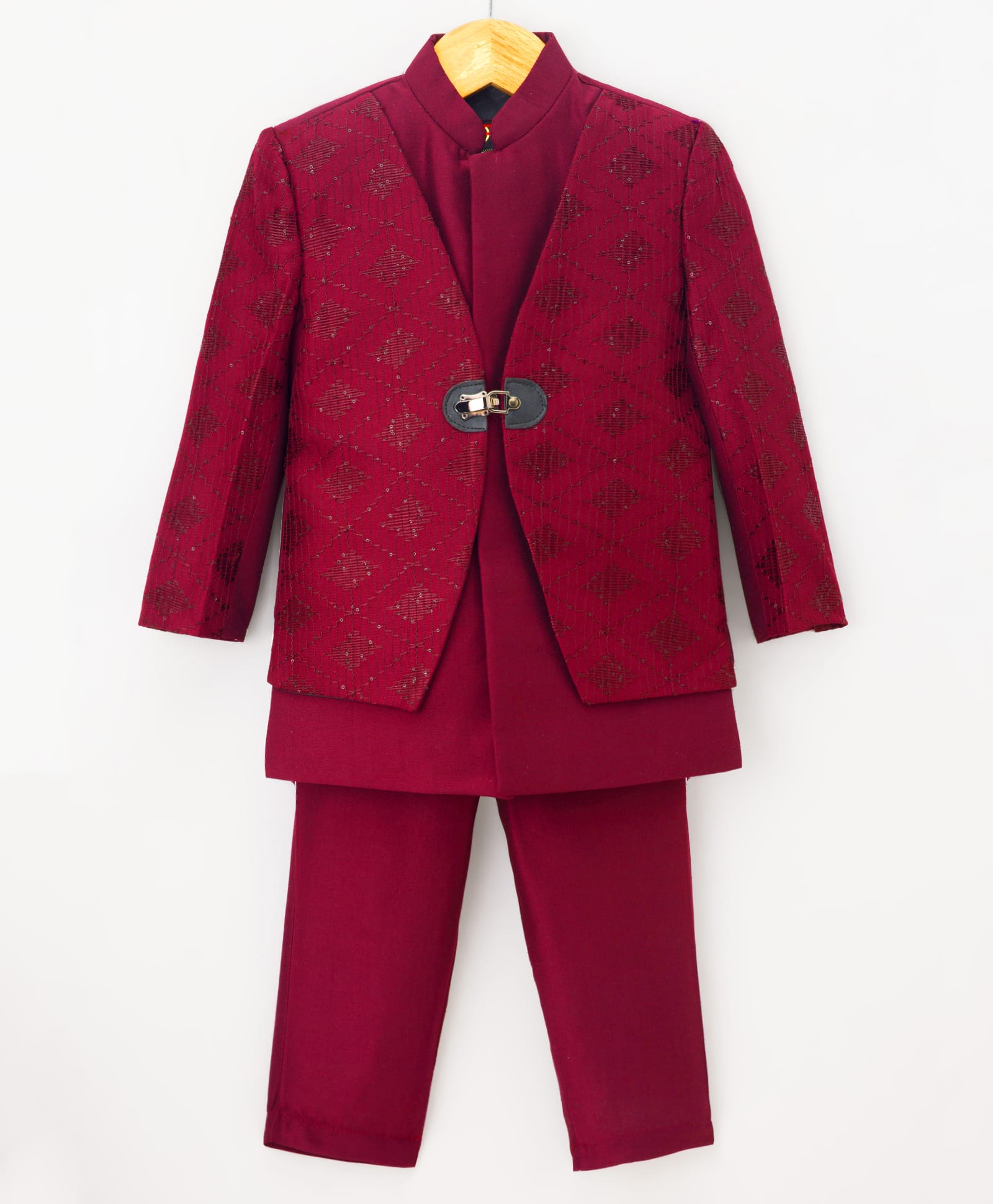 Little Bull Full Sleeves Sherwani With Sequins Embellished Threadwork Detailed Attached Jacket & Pant Set - Maroon-picture-29