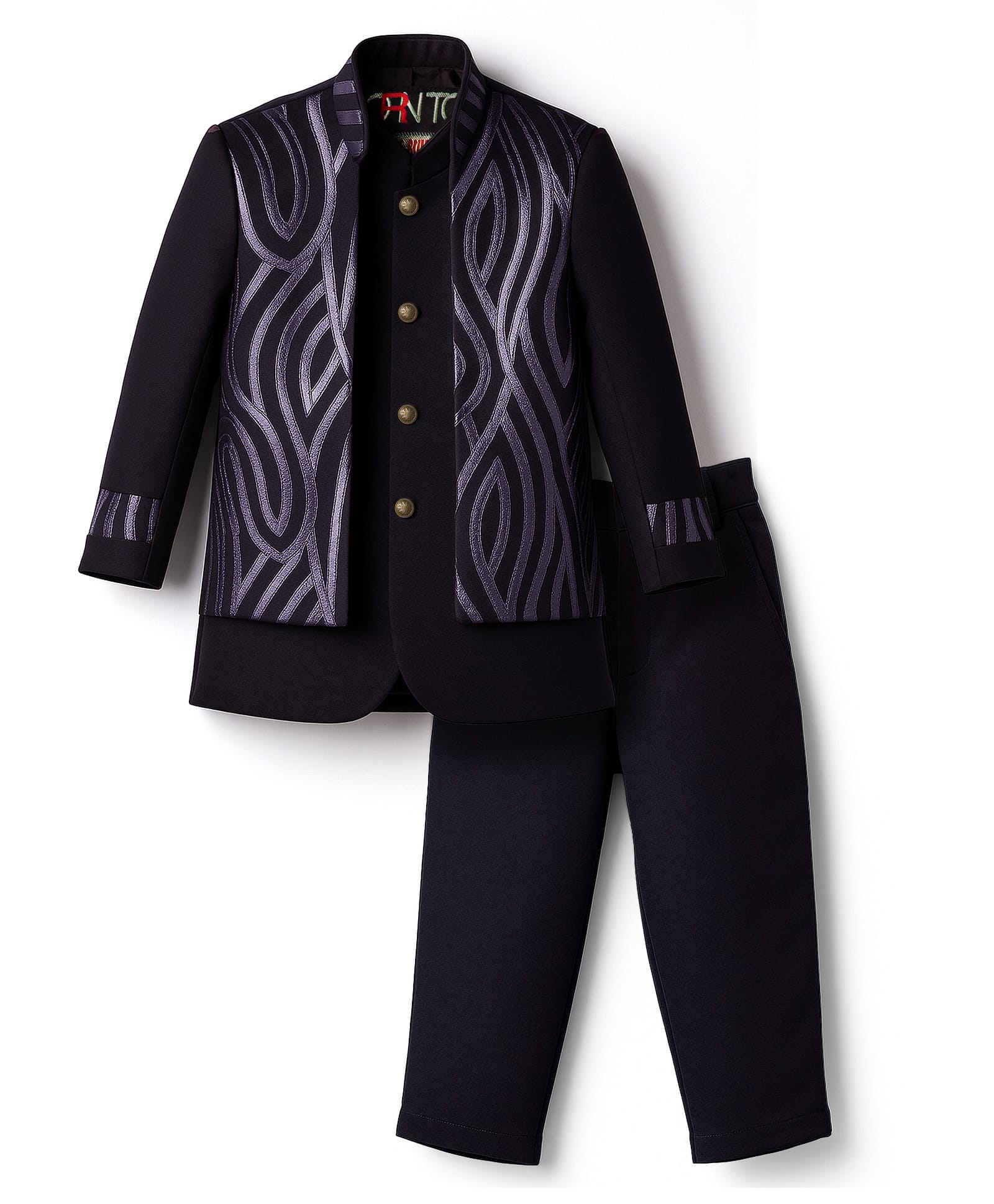 Little Bull Full Sleeves Solid Sherwani & Pant With Abstract Foil Printed Jacket - Purple-picture-18