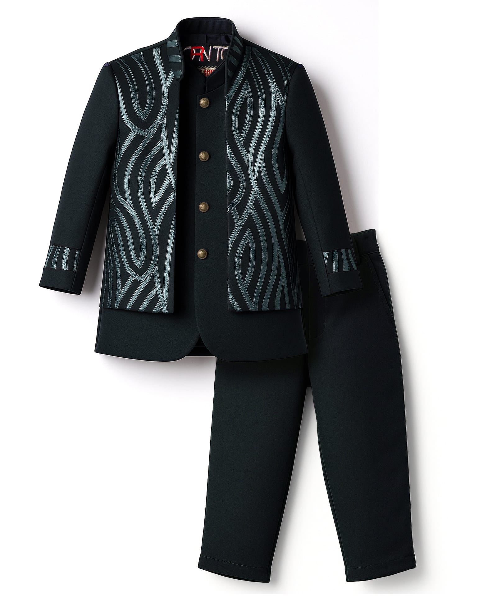 Little Bull Full Sleeves Solid Sherwani & Pant With Abstract Foil Printed Jacket - Green-picture-26
