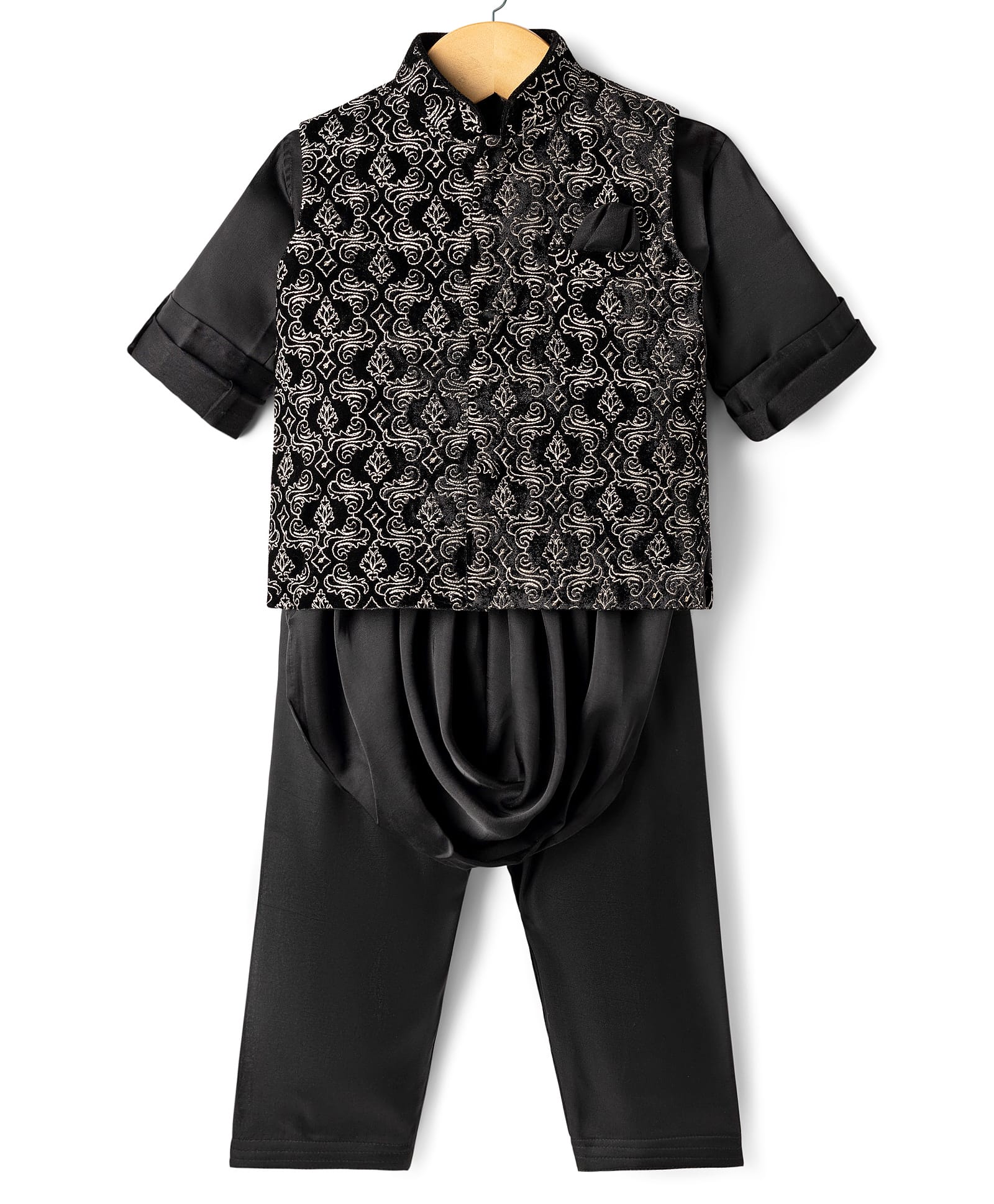 Little Bull Full Sleeves Solid Kurta Pyjama Set With Ethnic Motif Threadwork Detailed Jacket - Black-image-11
