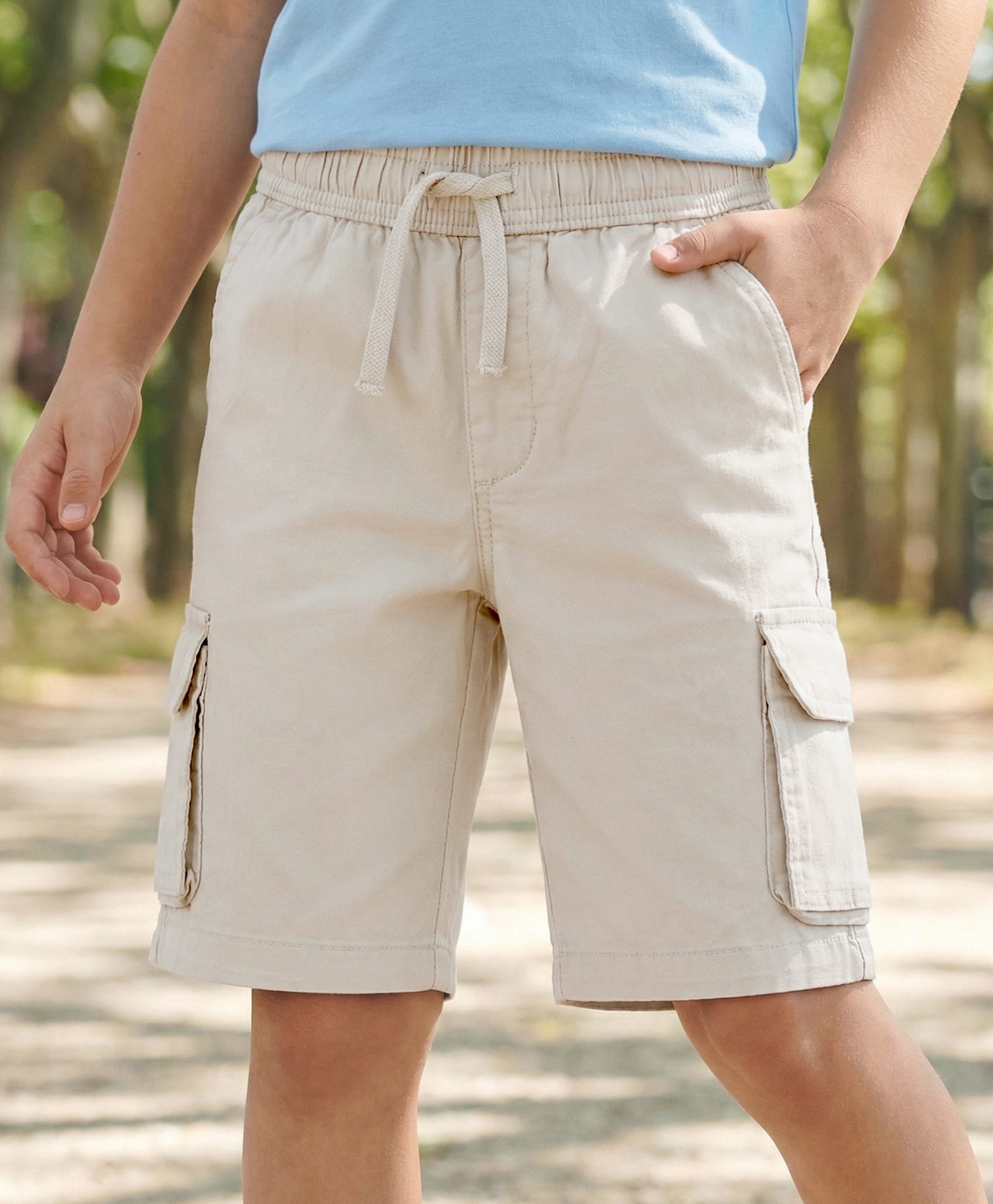 Pine Kids Cotton Elastane Woven Above Knee Length Solid Colour Shorts With Pocket - Beige-picture-15