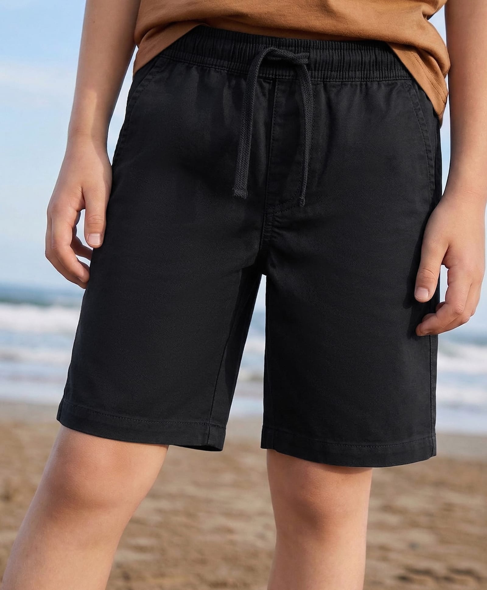 Pine Kids Cotton Elastane Woven Above Knee Length Solid Colour Shorts - Black-picture-25