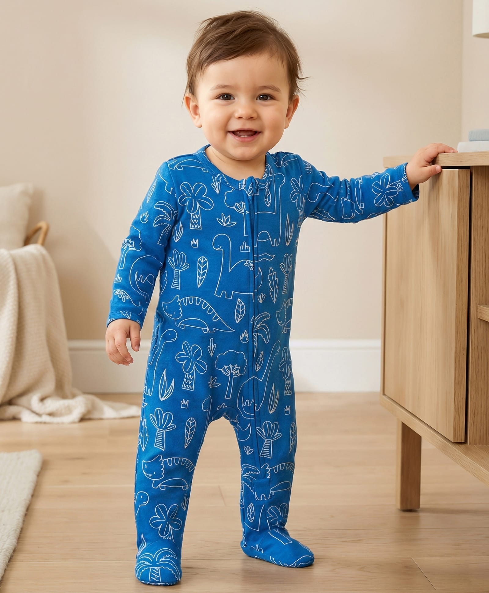 Babyhug Cotton Knit Full Sleeves Footed Sleepsuit With Dino Print - Blue-image-33