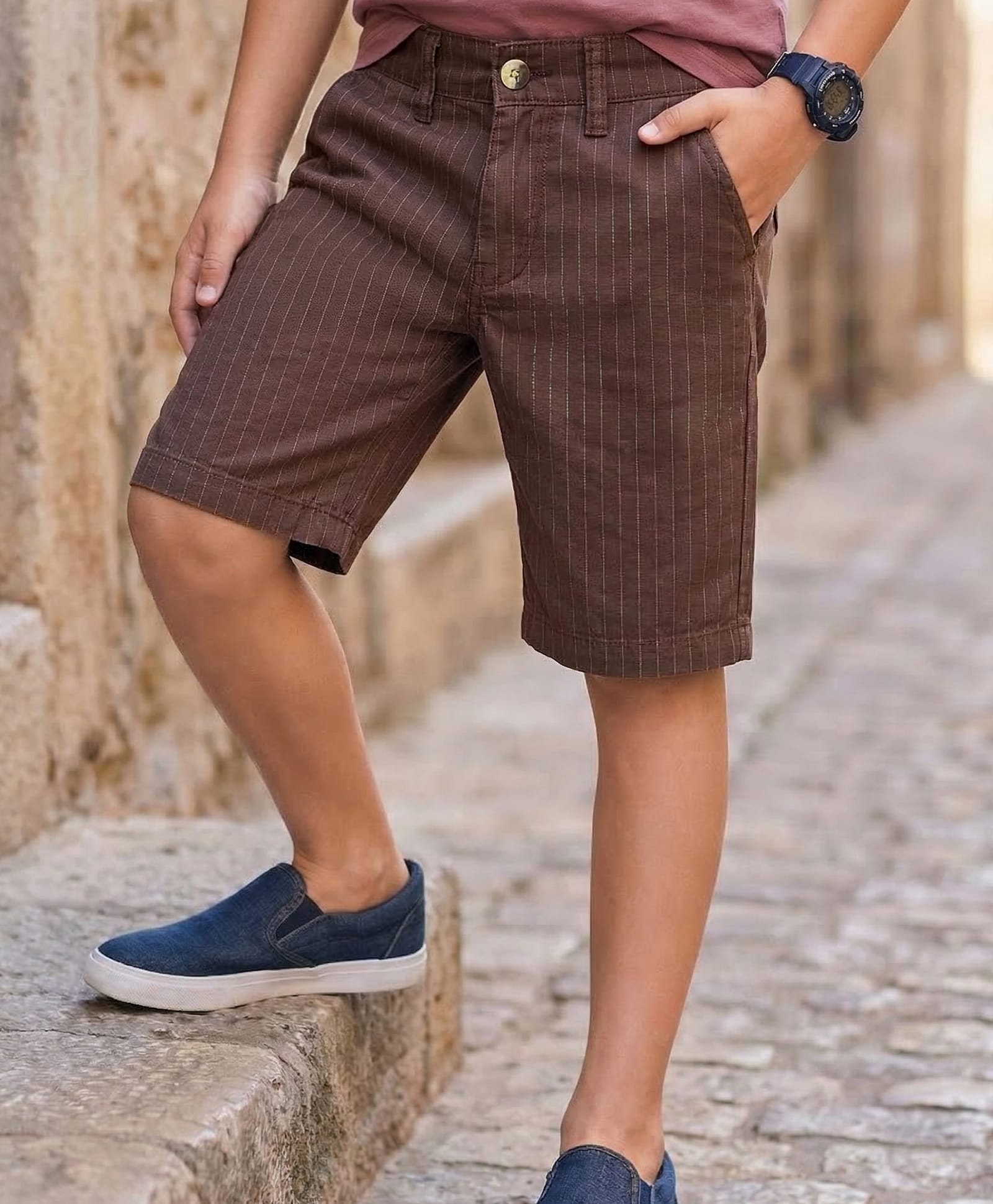 Pine Kids Cotton Elastane Woven Knee Length Shorts - Brown-image-35