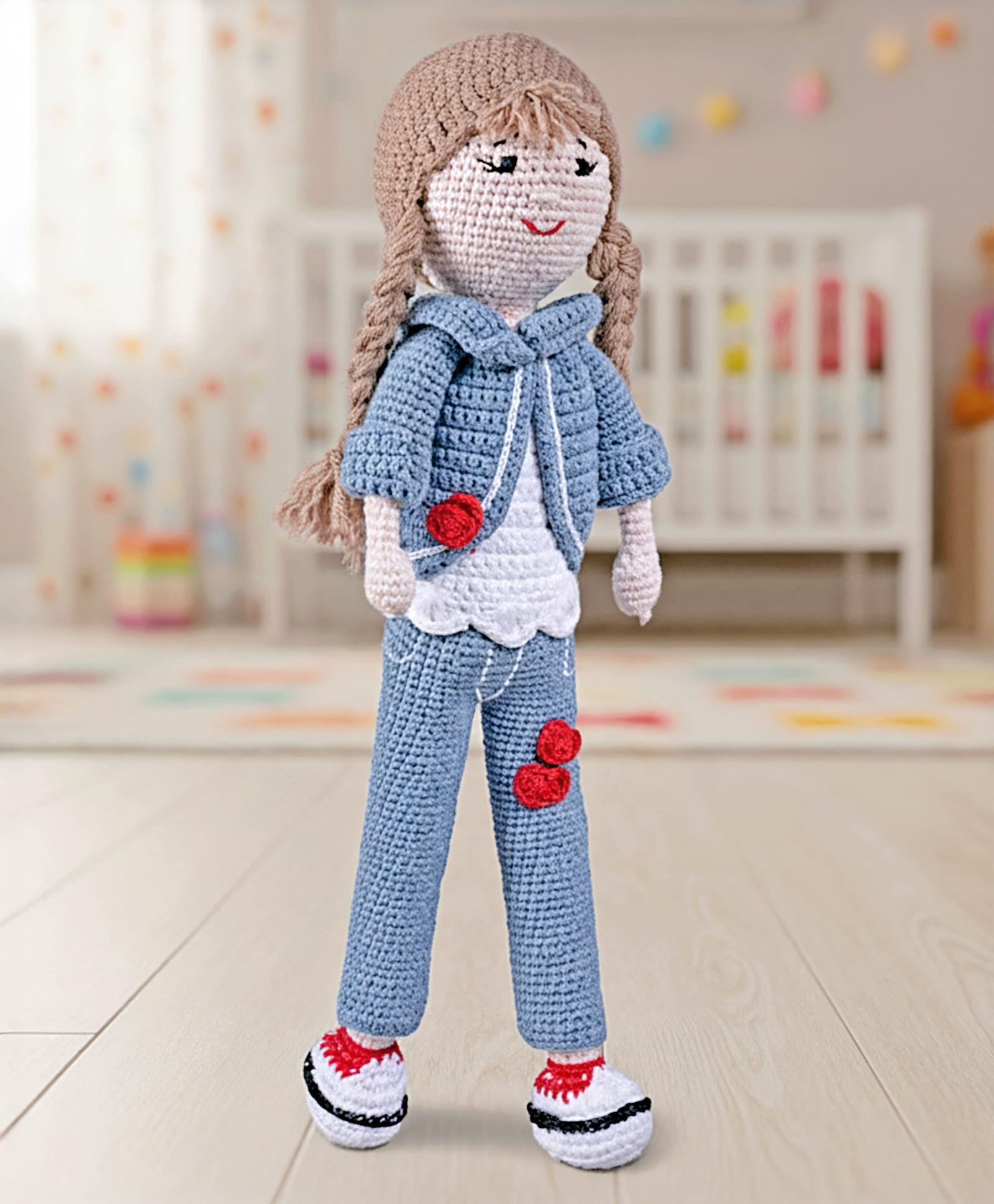 Bonfino Premium Handmade Miss Helen Crochet Soft Toy with BIS Certified Knitted Cotton Blue & Red - Height 40 cm