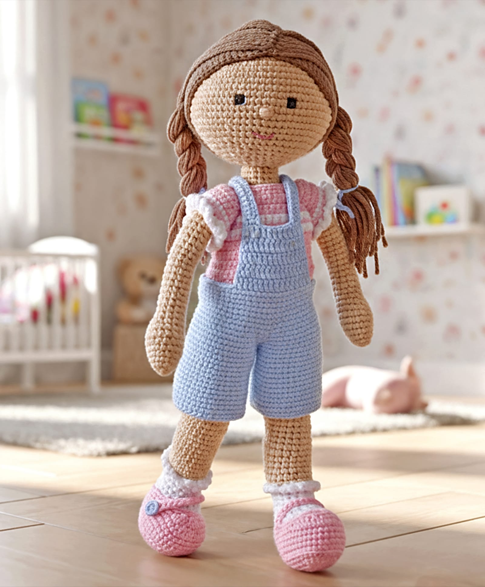 Bonfino Premium Handmade Miss Emma Crochet Soft Toy with BIS Certified Knitted Cotton Blue & Pink - Height 44 cm-image-3