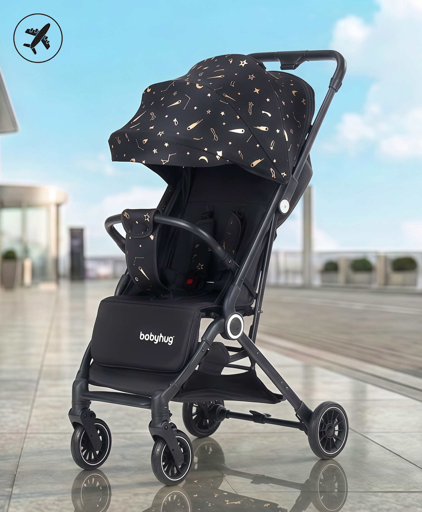 Babyhug Portable Baby Stroller with One-hand Compact Fold - Space Print - Black| Pram for Newborn| Concealed Linked Brake| Front Swivel Wheels| Safety Harness| Shock Absorbing Wheels| Storage Basket-image-14