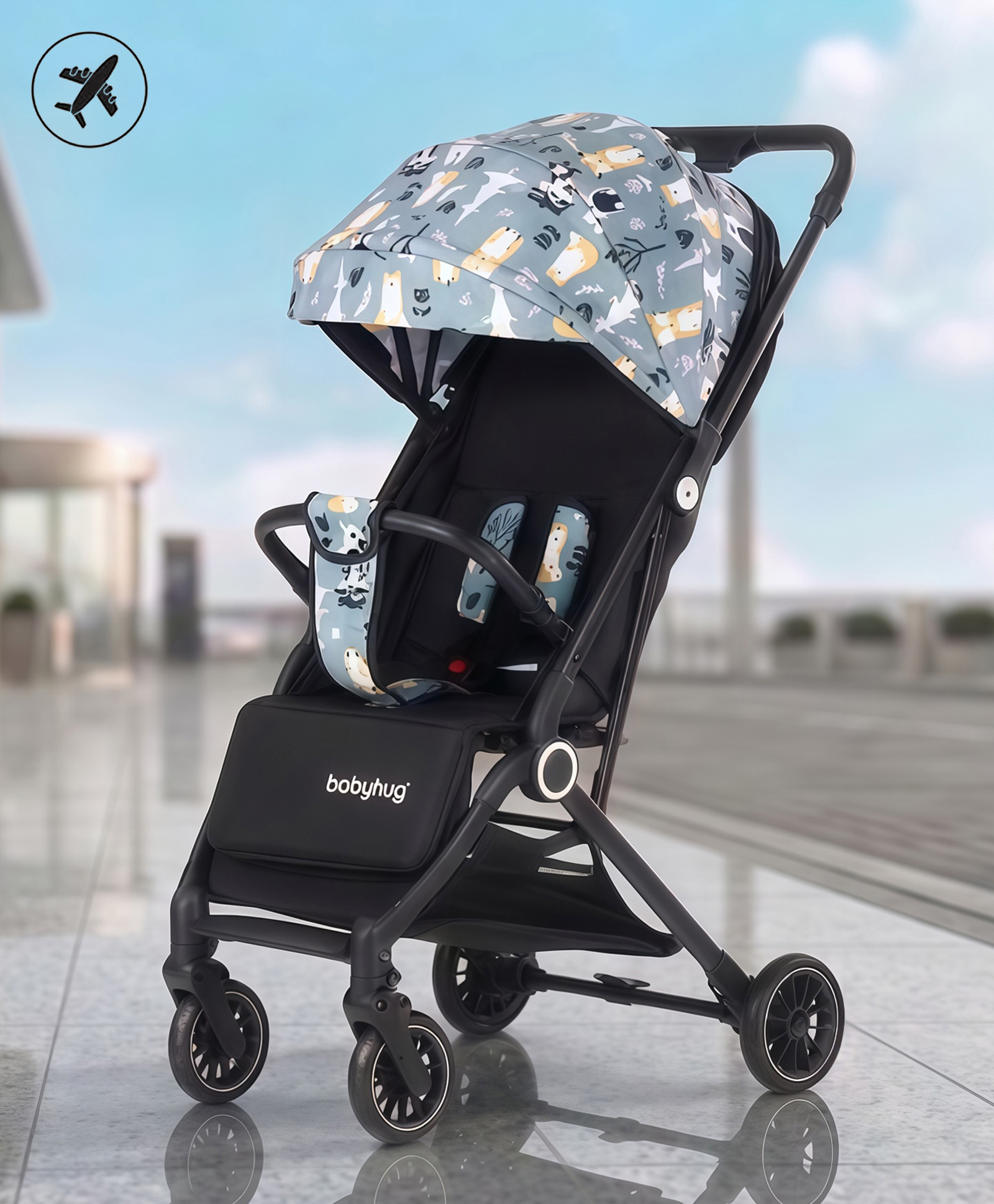 Babyhug Portable Baby Stroller with One-hand Compact Fold - Animal Print - Grey| Pram for Newborn| Concealed Linked Brake| Front Swivel Wheels| Safety Harness| Shock Absorbing Wheels| Storage Basket-image-15