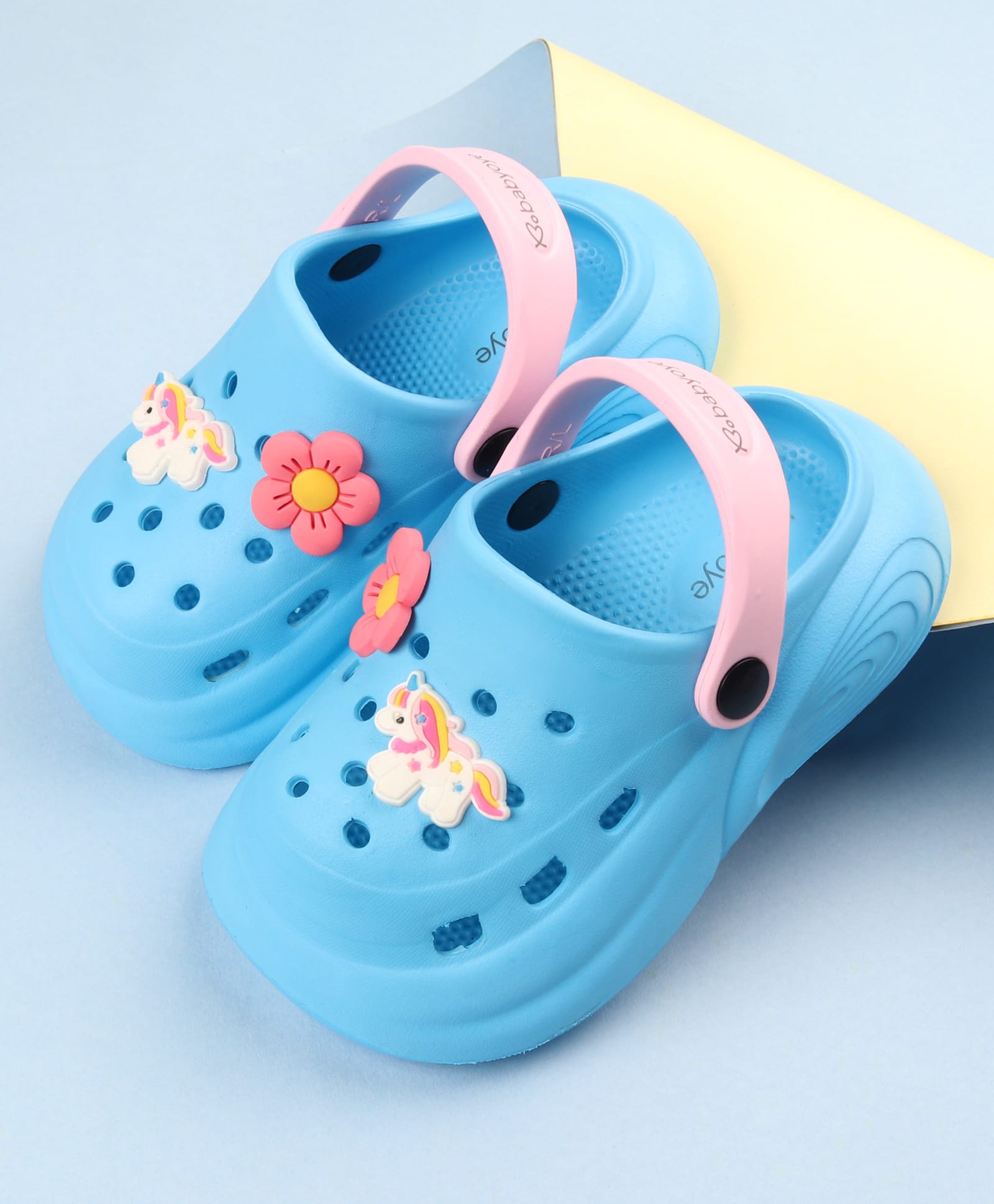 Babyoye Floral & Unicorn Applique Clogs with Back Strap - Pink & Blue-image-12